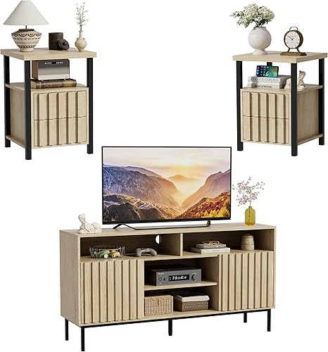 UEV Mid Century - Moderno juego de 3 piezas para sala de estar, mueble de TV y 2 mesas auxiliares, juego de 2 mesitas de noche, mesa auxiliar de