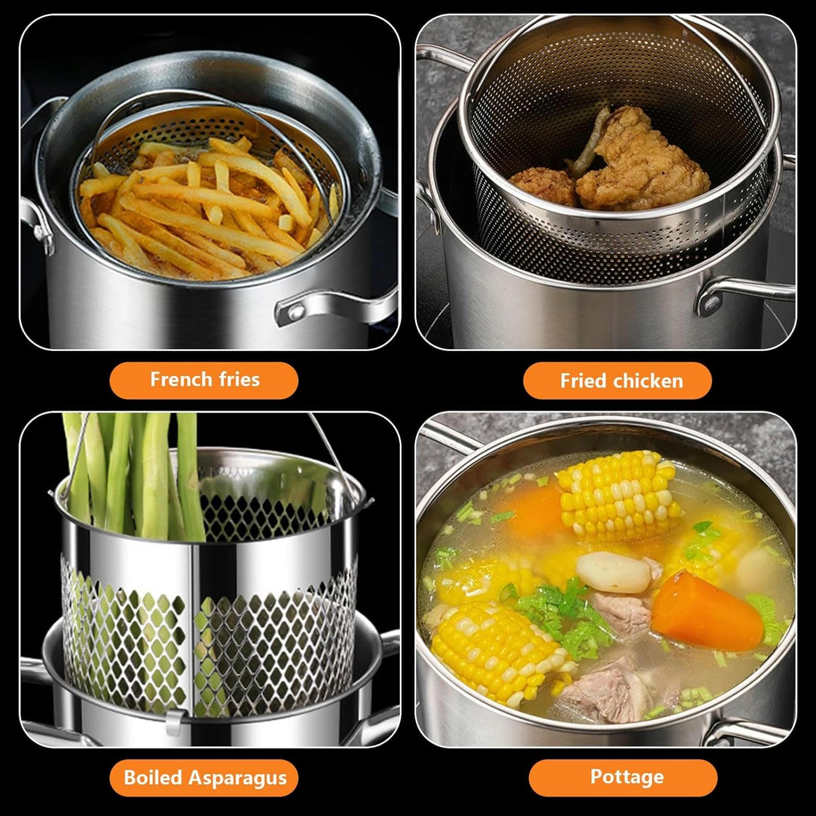 Marmite à Asperges en Acier Inoxydable 304 avec Panier Frit, marmite à Soupe Haute, poêle à friteuse Tempura, Outils de Cuisson de Poulet Frit