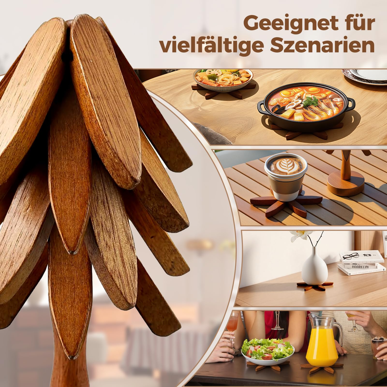 4 Holzuntersetzer In Weihnachtsbaum-Form + Ständer – Hitzebeständig, Zusammenklappbar, Schutz Für Küchenarbeitsplatte