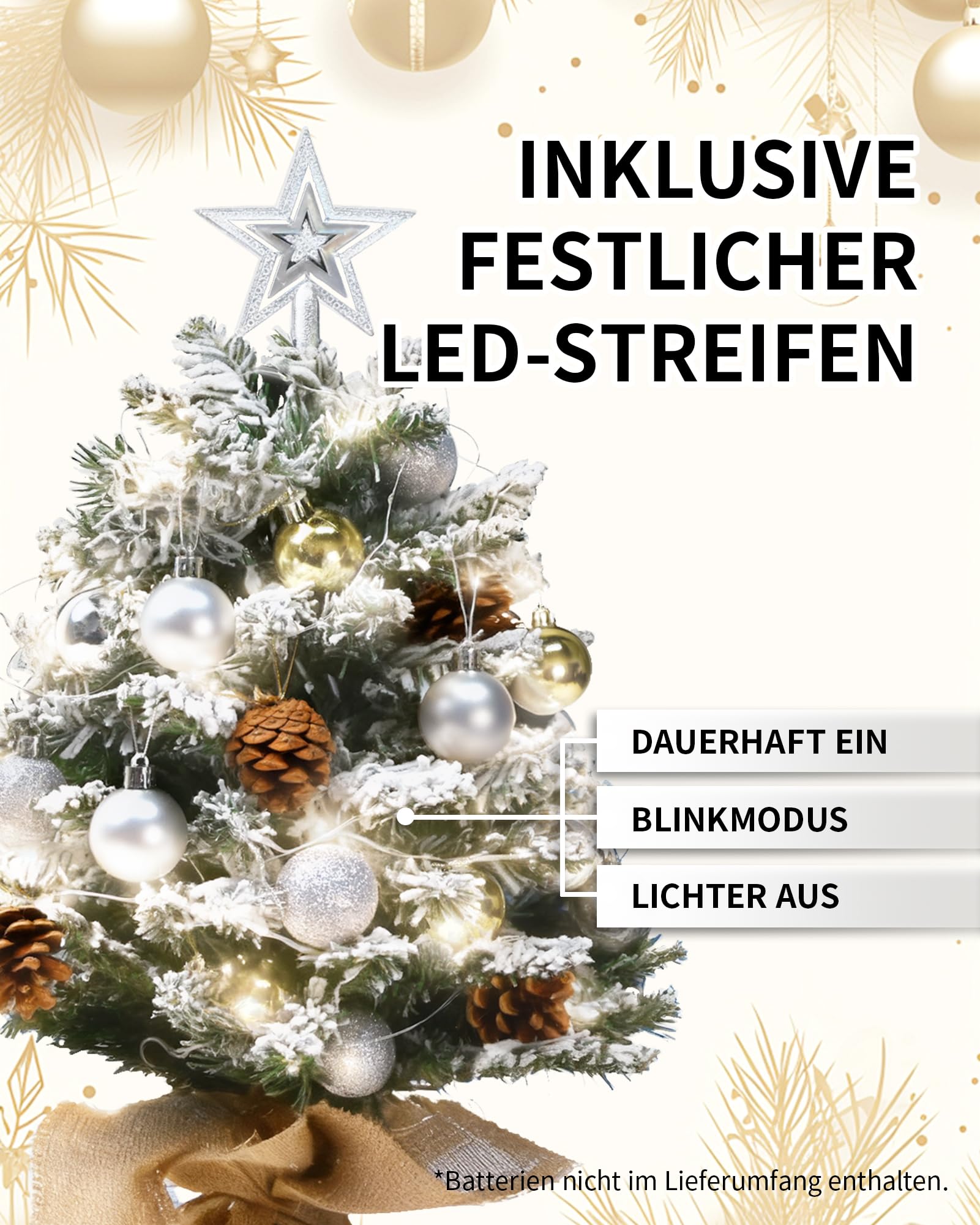 Künstlicher Weihnachtsbaum mit Beleuchtung, Geschmückter Mini Weihnachtsbaum inklusive Schmuck und stabilem Stoffsockel für Festliche Tischdeko, Weihnachten