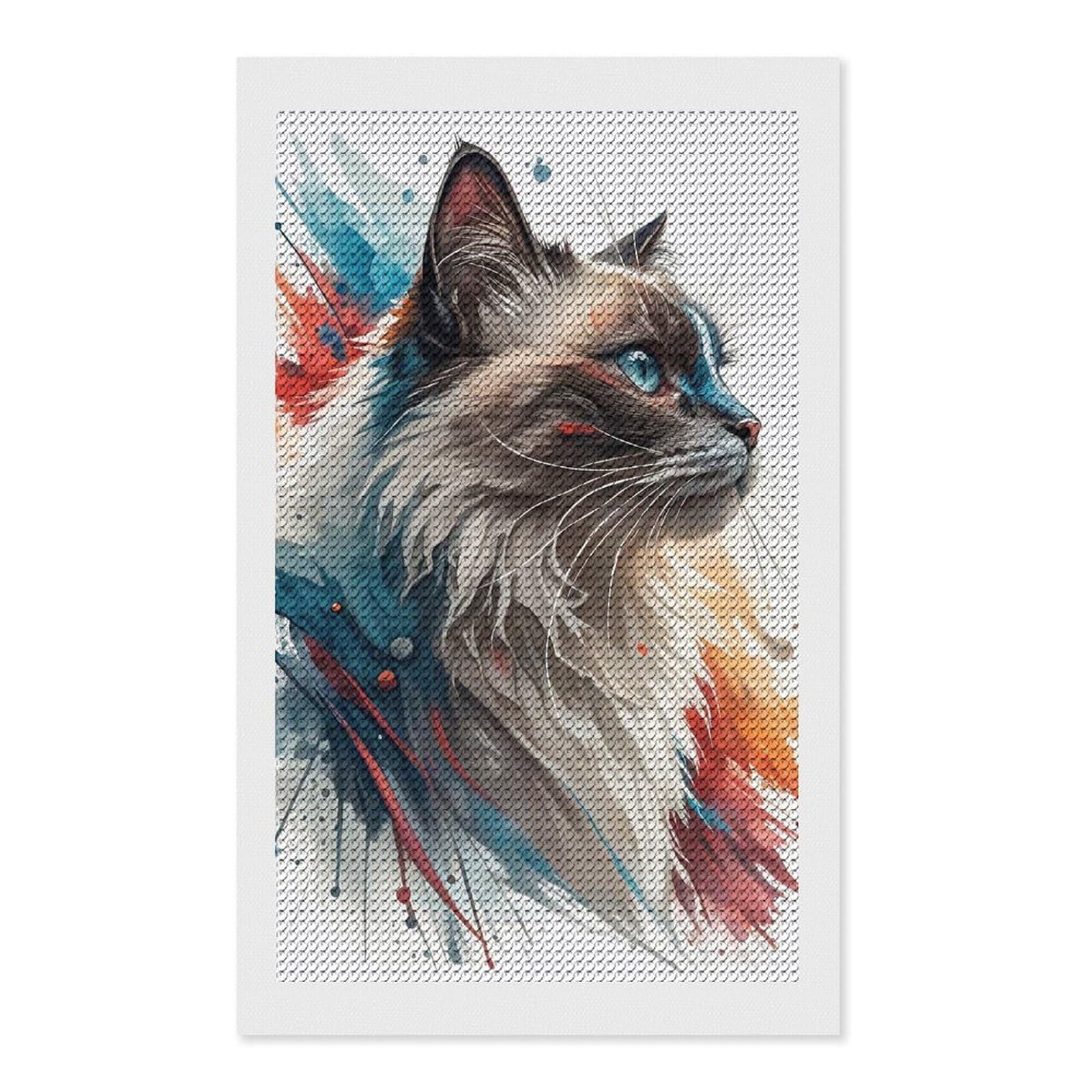 Junmoney Watercolor Cat Portrait with Blue Eyes Diamond Painting Canvas Set 12"x20", for Adults, Bedroom Decor, Good for Quiet Evenings, Festive Craft Gift