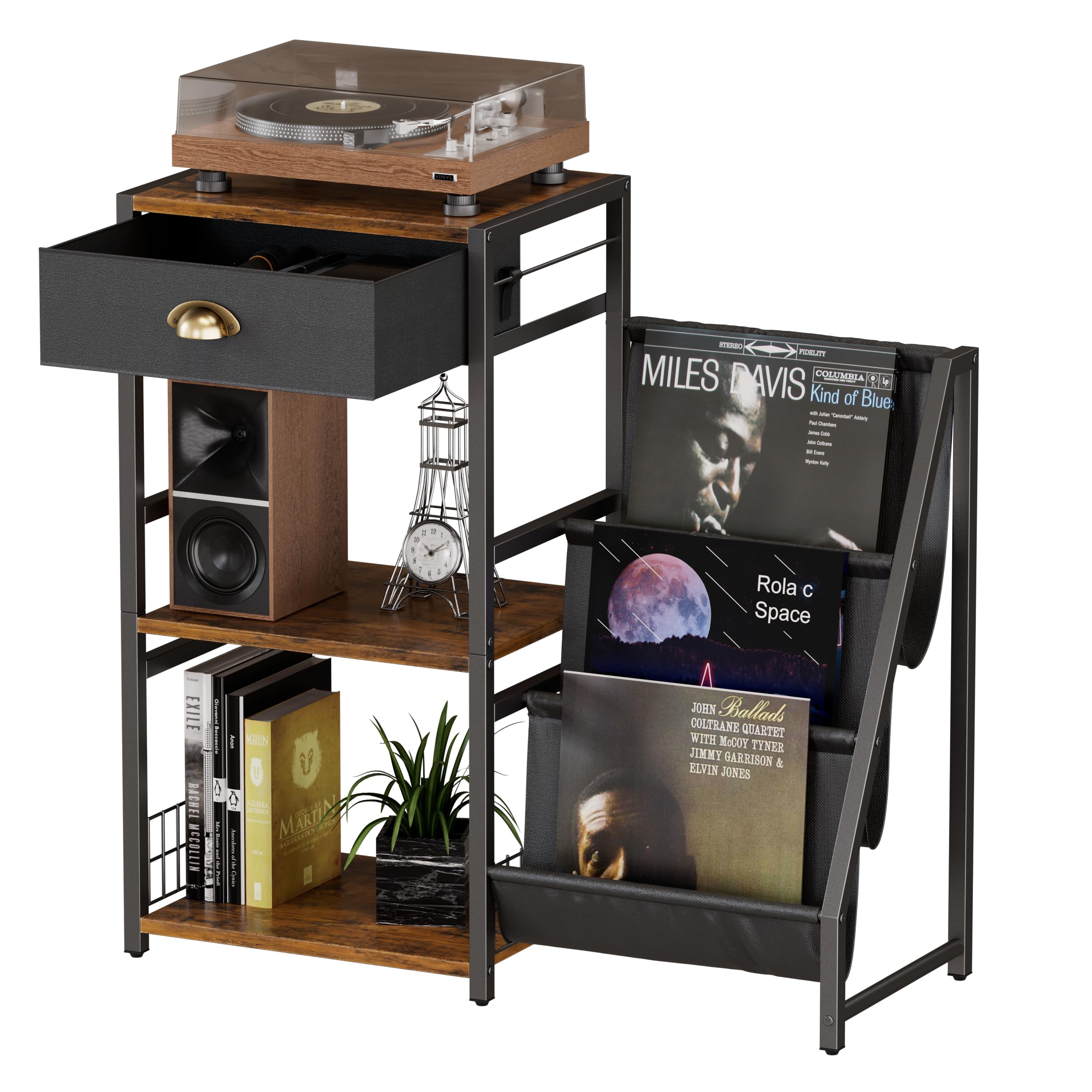 Support pour tourne-disque à 3 étages - Table d'appoint vintage avec tiroir - Support de disques vinyle en bois - Étagère avec étagère d'affichage à 3 niveaux - 86 x 30 x 75 cm