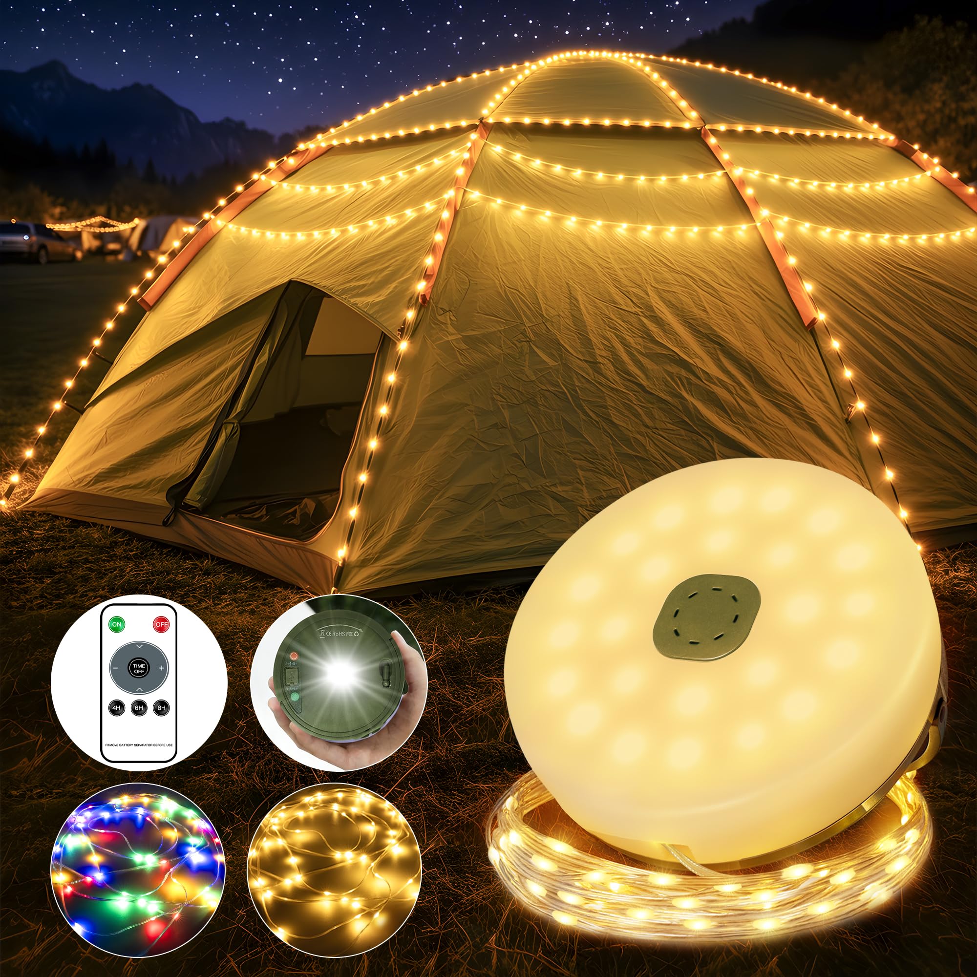 Guirlande lumineuse rétractable de 20 m, guirlande lumineuse RVB pour tente, rechargeable par USB-C, 15 modes d'éclairage, guirlande lumineuse d'ambiance à suspendre à l'extérieur, pour camping