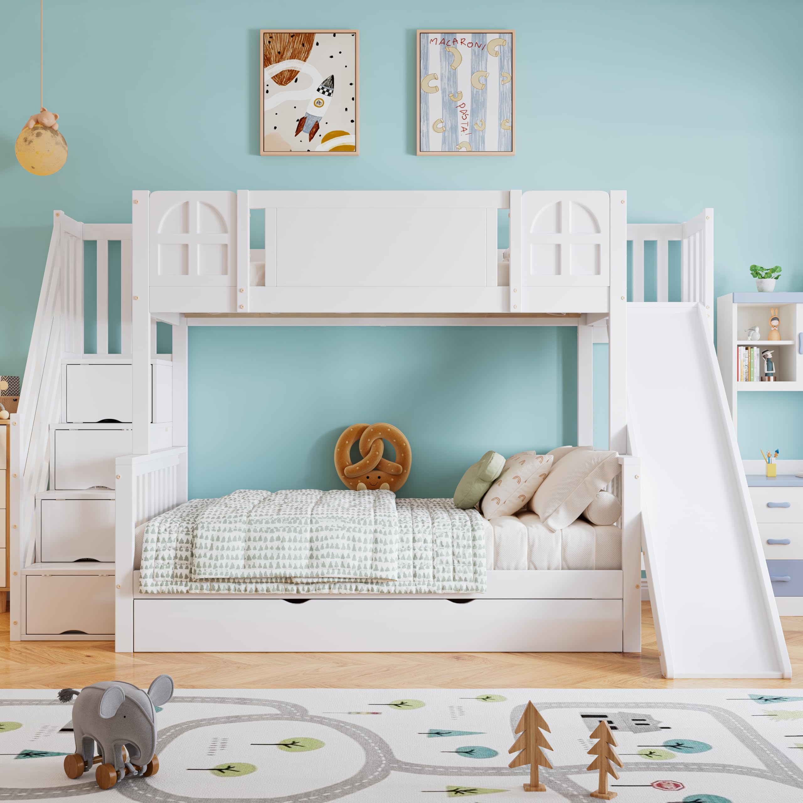 Etagenbett, Kinderbett Mit Fenster, Schubladen mit Rollen, Treppen mit Handlauf