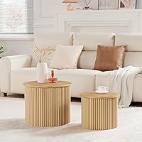 Vista 10 de Juego de 2 mesas de centro redondas anidables de AVZEAR, mesa de café moderna de estilo granja, mesas anidables de madera natural estilo boho, mesa