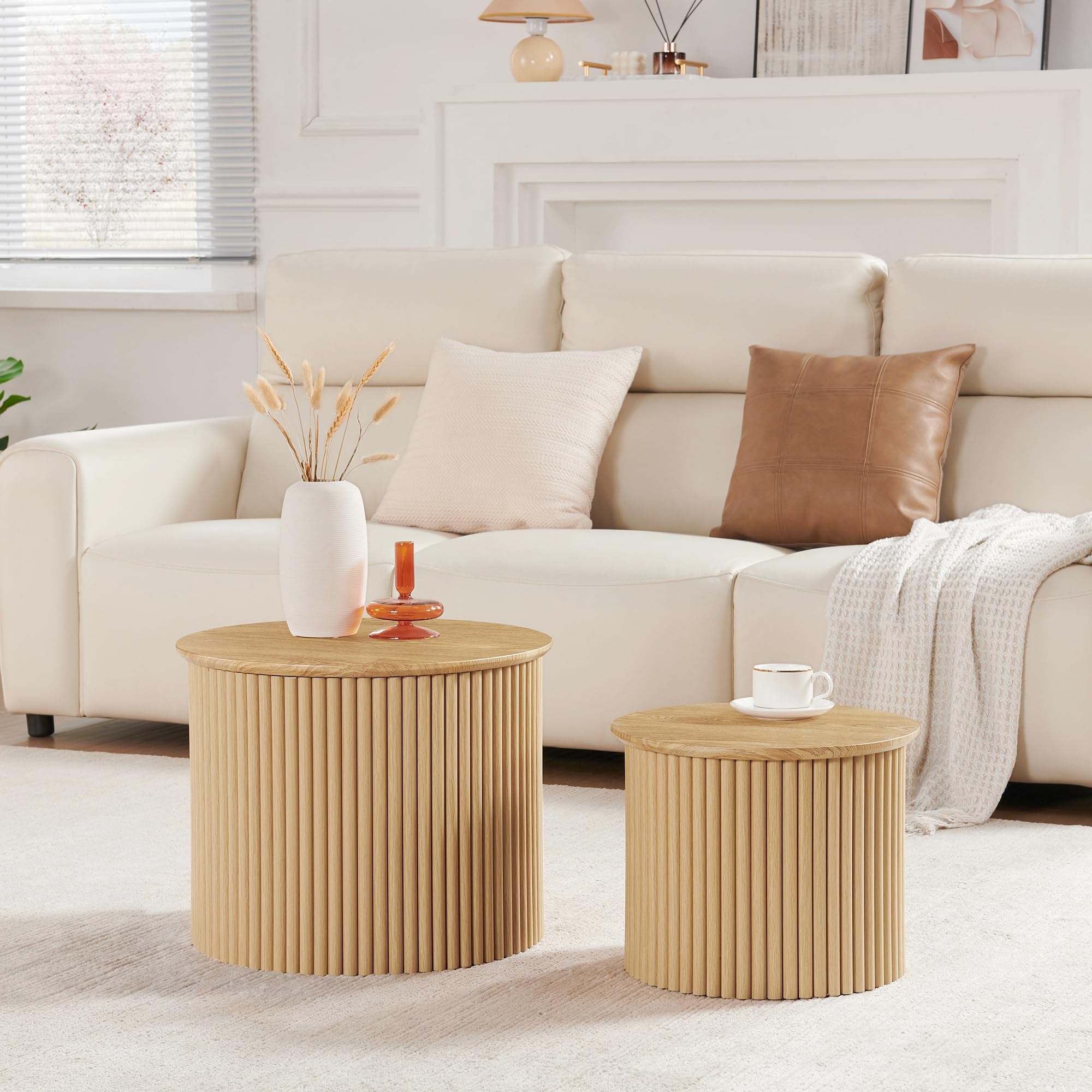 AVZEAR Round Nesting Coffee Table Set of 2, Small Fluted Coffee Table Circle Side Table, Boho Modern Wood Nesting Tables Farmhouse End Table Set for Living Room, Bedroom, Small Spaces(Natural)