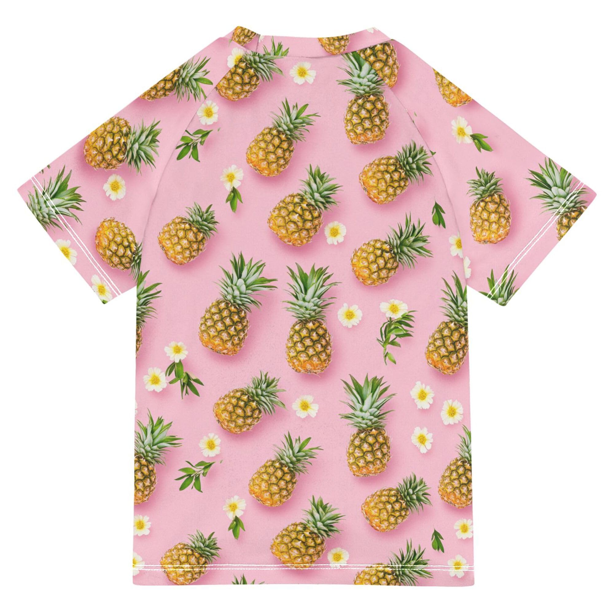 Wudan Funny Pineapples Fruit Pink Bathing Suit Kids UV Protection Rash Guard Swim Girls Swimwears Polyester Shirts for Youth Boys 9-10Y