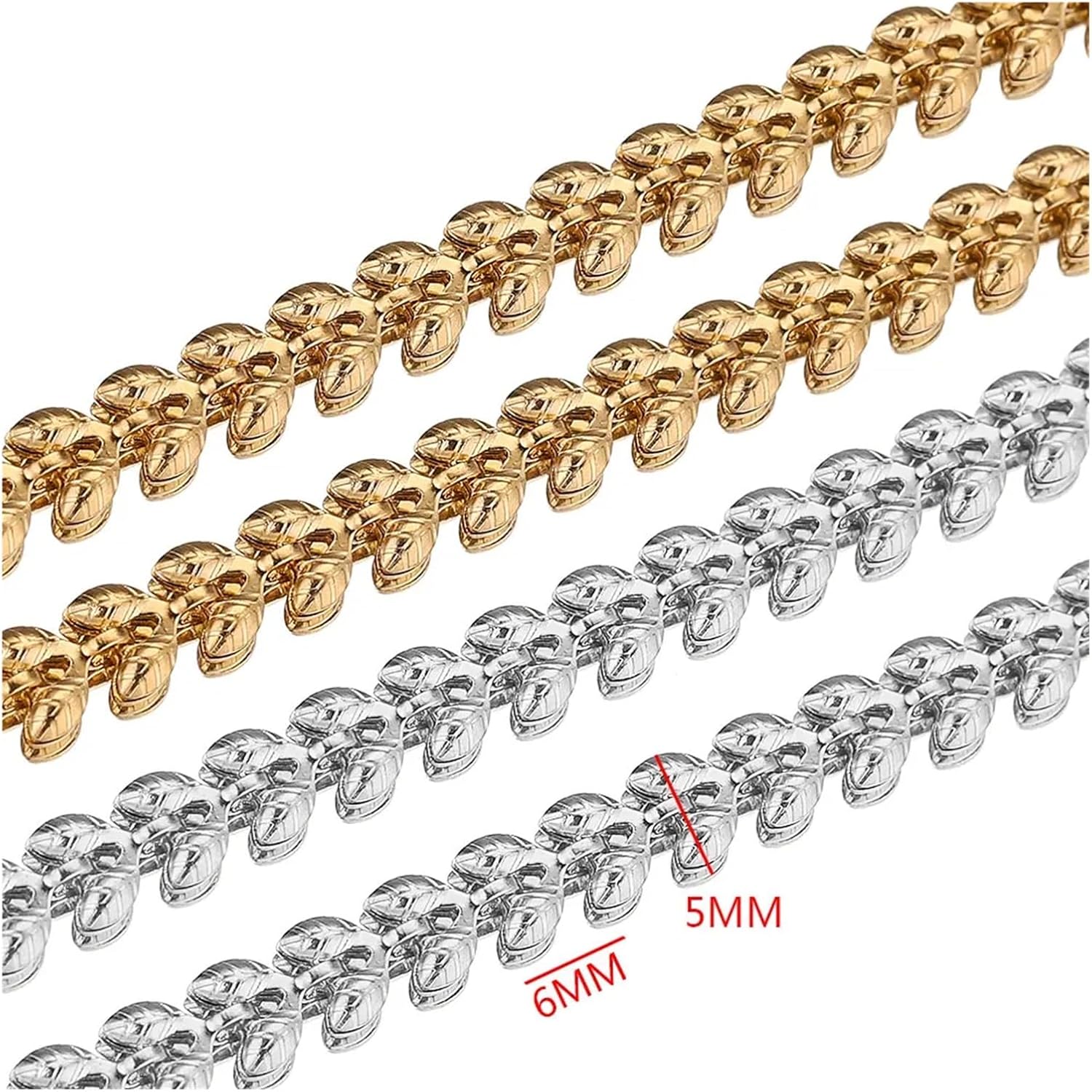 Stainless Steel Chain for Jewelry Making 2 Meters 5mm Width Stainless Steel Gold Wheat Ears Chain Metal Roll Chains for DIY Necklace Jewelry Making Supplies(Steel)