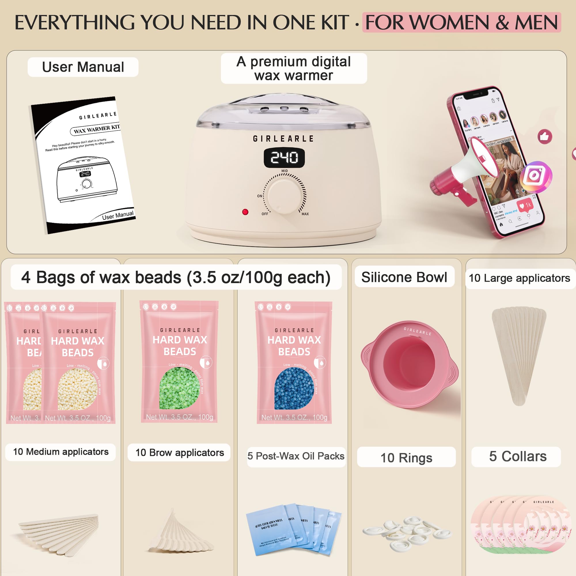 GIRLEARLE Kit de depilación digital premium para mujeres y hombres, calentador de cera en casa con cuentas de cera y olla de silicona, se dirige a diferentes tipos de piel sensible, bikini brasileño