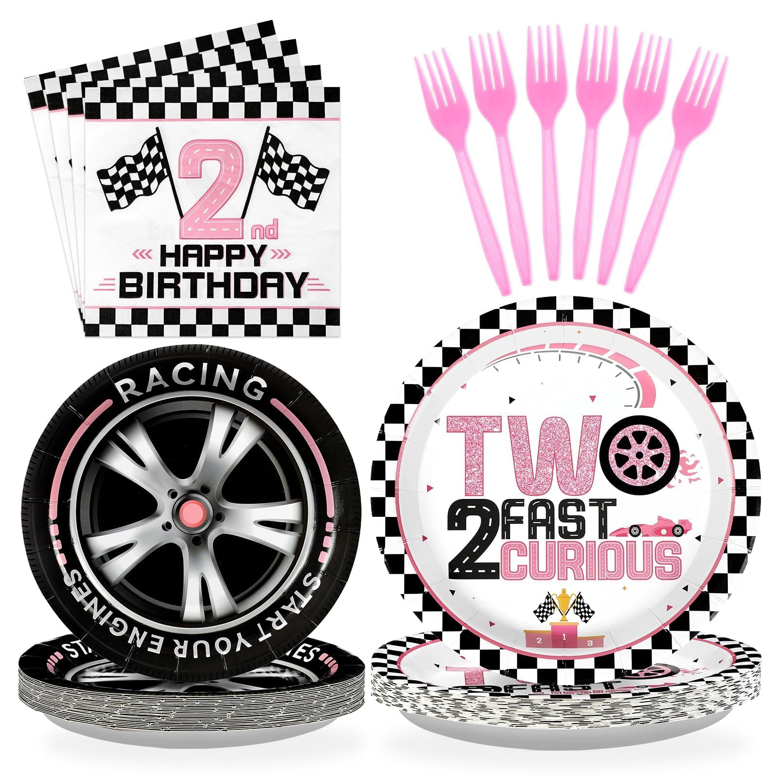 96Pcs Pink Race Car Two Fast Birthday Party Supplies, Serves 24