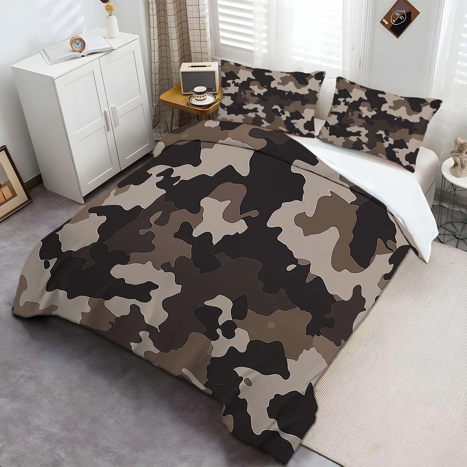 Funda nórdica 150 x 200 cm, Juego de Ropa de Cama para Camuflaje Marrón Oscuro Y Gris 3 Piezas, Incluye 1 Funda nórdica y 2 Fundas de Almohada 50 x 75 cm
