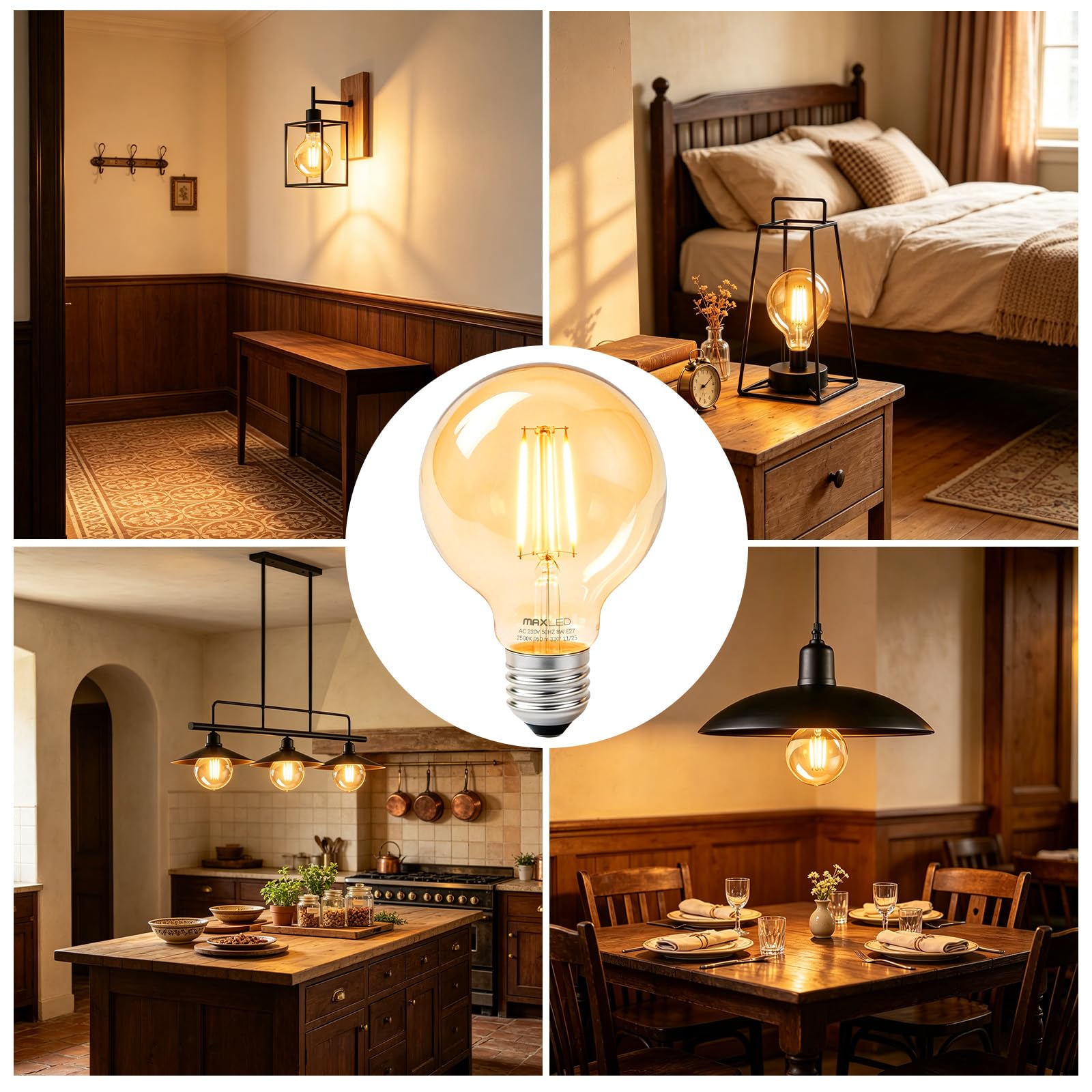 Maxled Light is Led! 2 Stuks Globe E27 G125 Vintage Edison LED Gloeidraad Gloeilamp 8W Vervangt 60W Conventionele Gloeilamp 2500K Warmwit Amber Glas 950lm Stralingshoek 330° 230V Niet Dimbaar