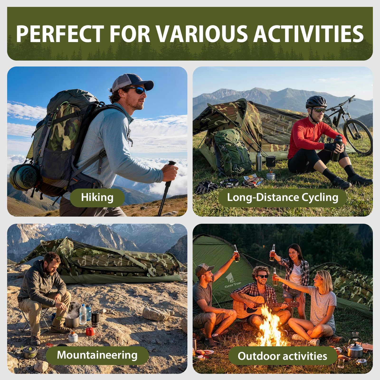 GEERTOP Ultralight Tente de bivouac imperméable pour 1 personne, vert, sac de couchage d'extérieur, couverture de bivouac de camping, couverture réutilisable pour l'extérieur, le camping, la randonnée