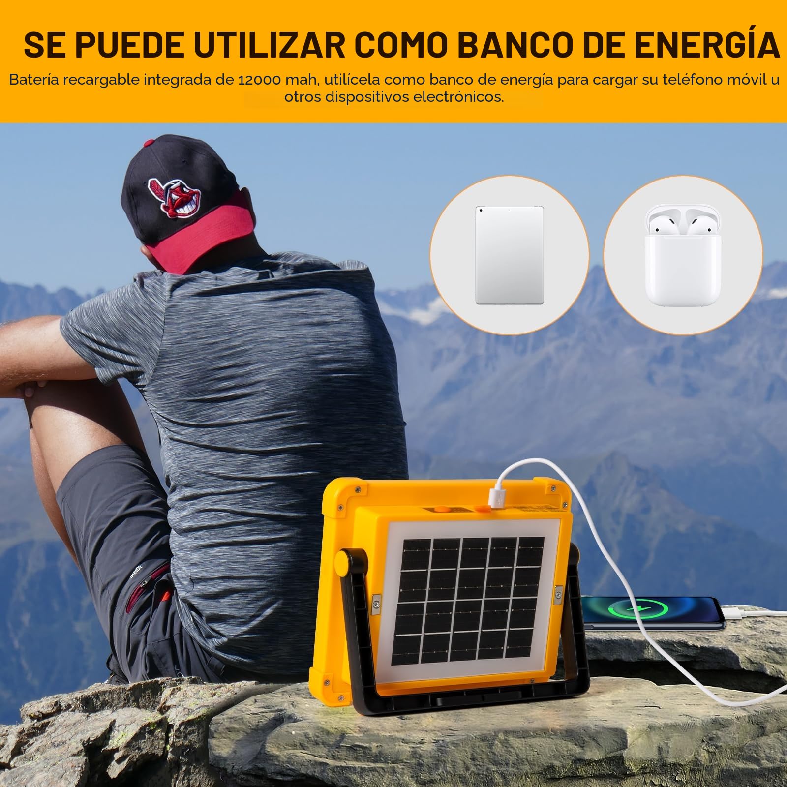 Foco Led Recargable 100W - Foco Led Bateria con Panel Solar - Luz de Trabajo Portátil 12000mAh 4 Modos de Luz Ideal para Camping Pesca Emergencias Garaje Taller