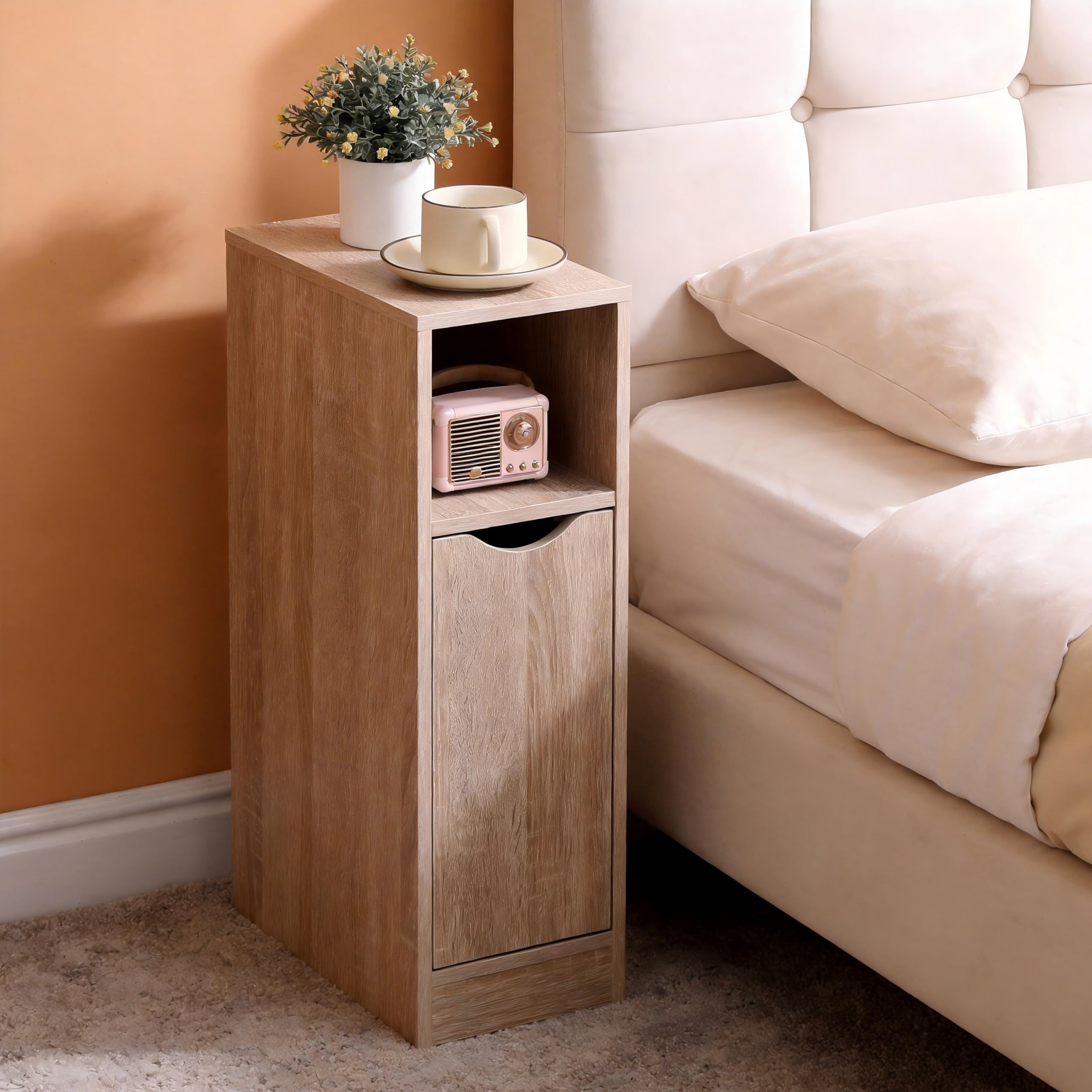 Homullel 20cm Narrow Bedside Cabinet Small Slim Bedside Table Small Nightstand Bed Side Table for Bedroom Living Room (Door Cabinet, Walnut) โ image 1