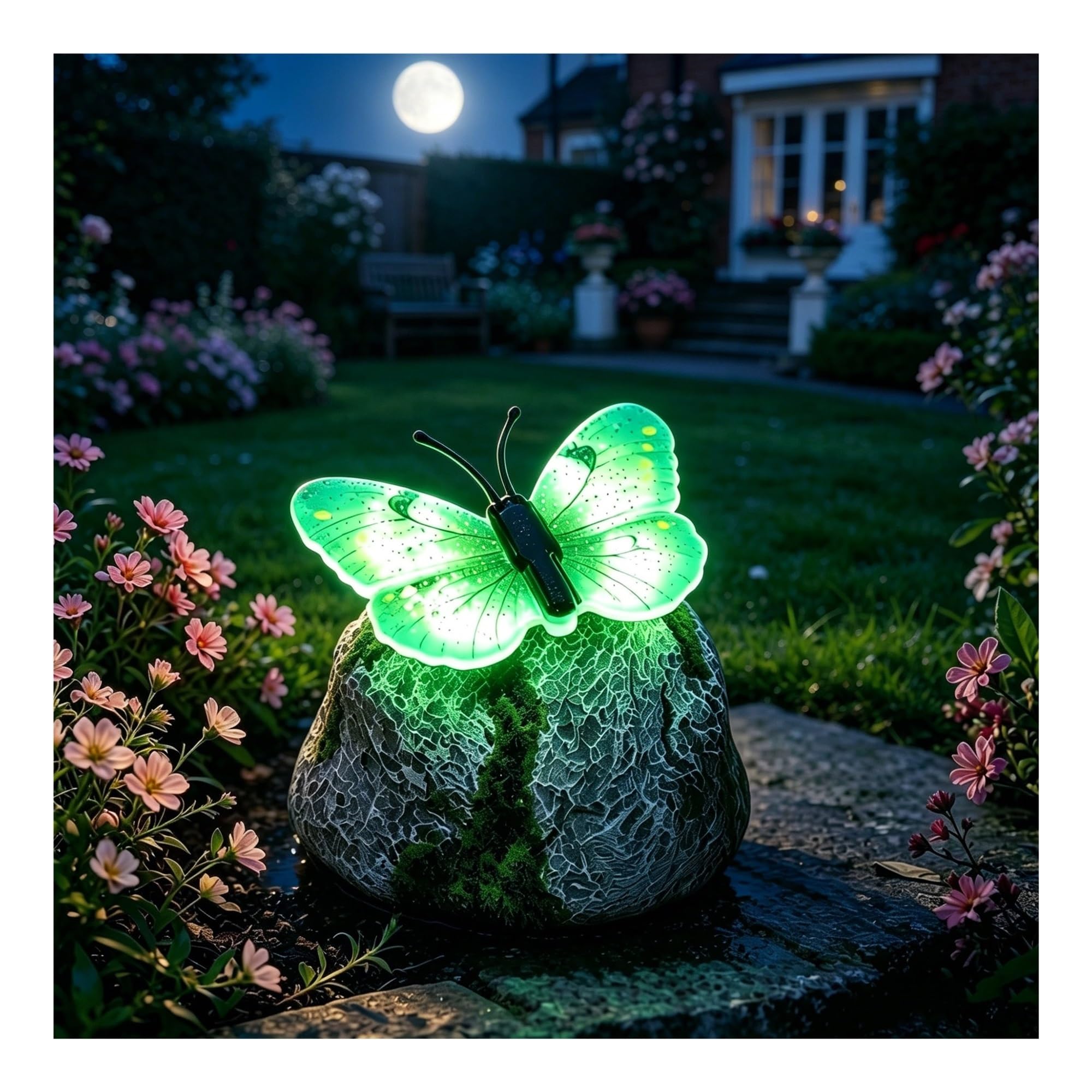 sloiaz Illuminated Butterfly Stone Garden Light, Waterproof Outdoor Solar Butterfly Decor, Unique Yard Art Figurines, Glowing Lawn Ornaments(Green)