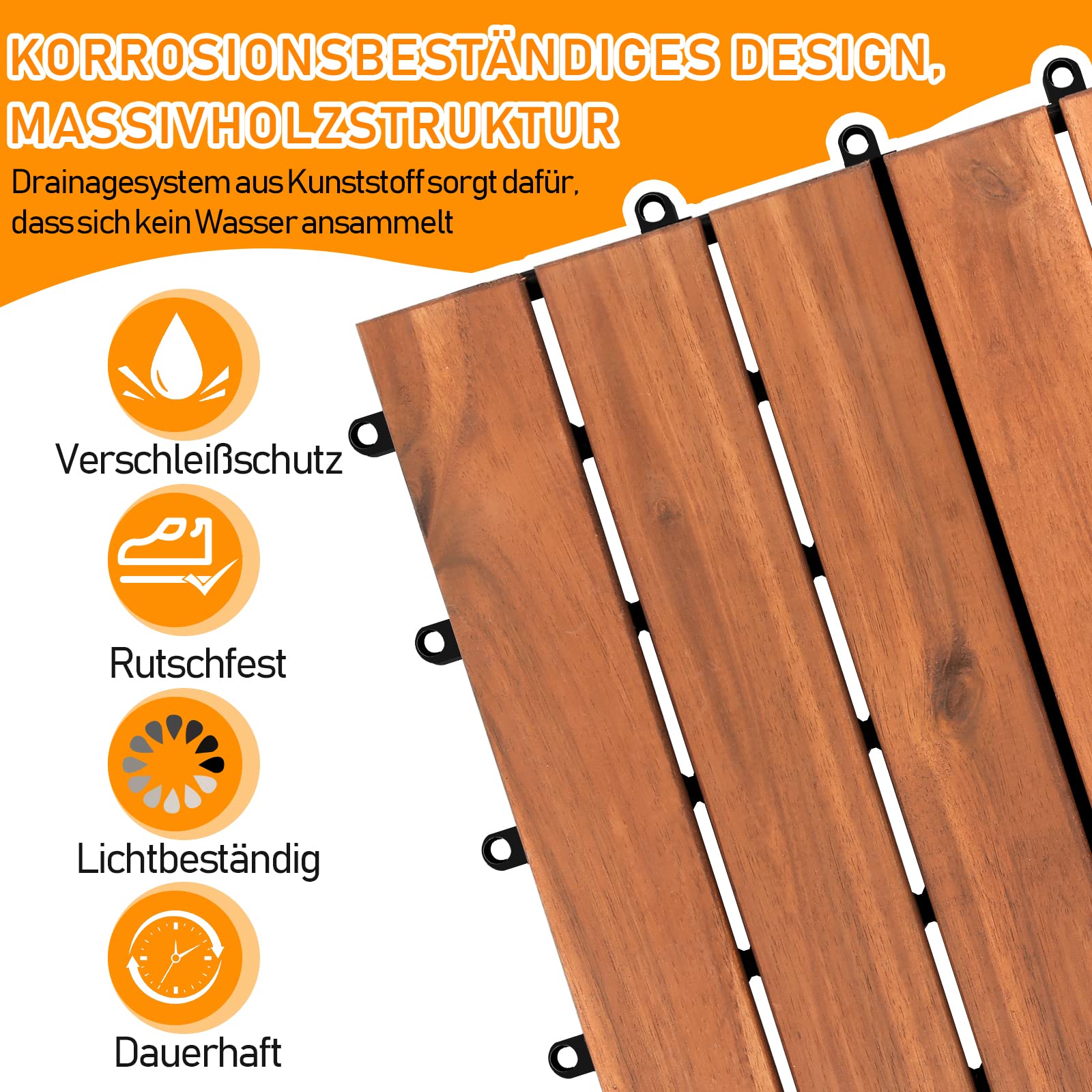 Randaco Piastrelle in legno, per terrazze, in legno di acacia, 30 x 30 cm, set da 55 piastrelle, 5 m², con drenaggio per esterni, giardino, terrazza