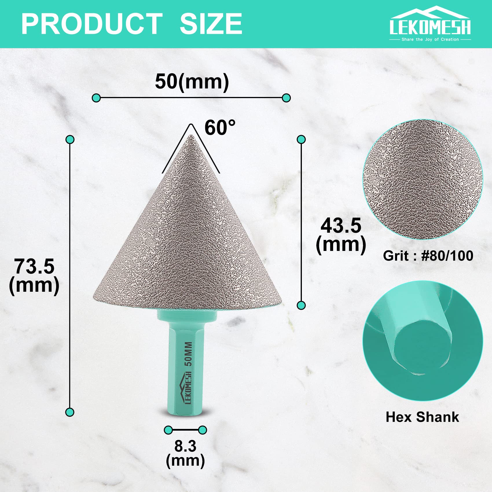 Mèches de Chanfrein Diamante 50MM - LEKOMESH Tige Hexagonale Fraise Diamantée Pour Chanfrein,Élargissement,Agrandir Trous Dans la Céramique, Porcelaine,Tuiles,Marbre,Granit
