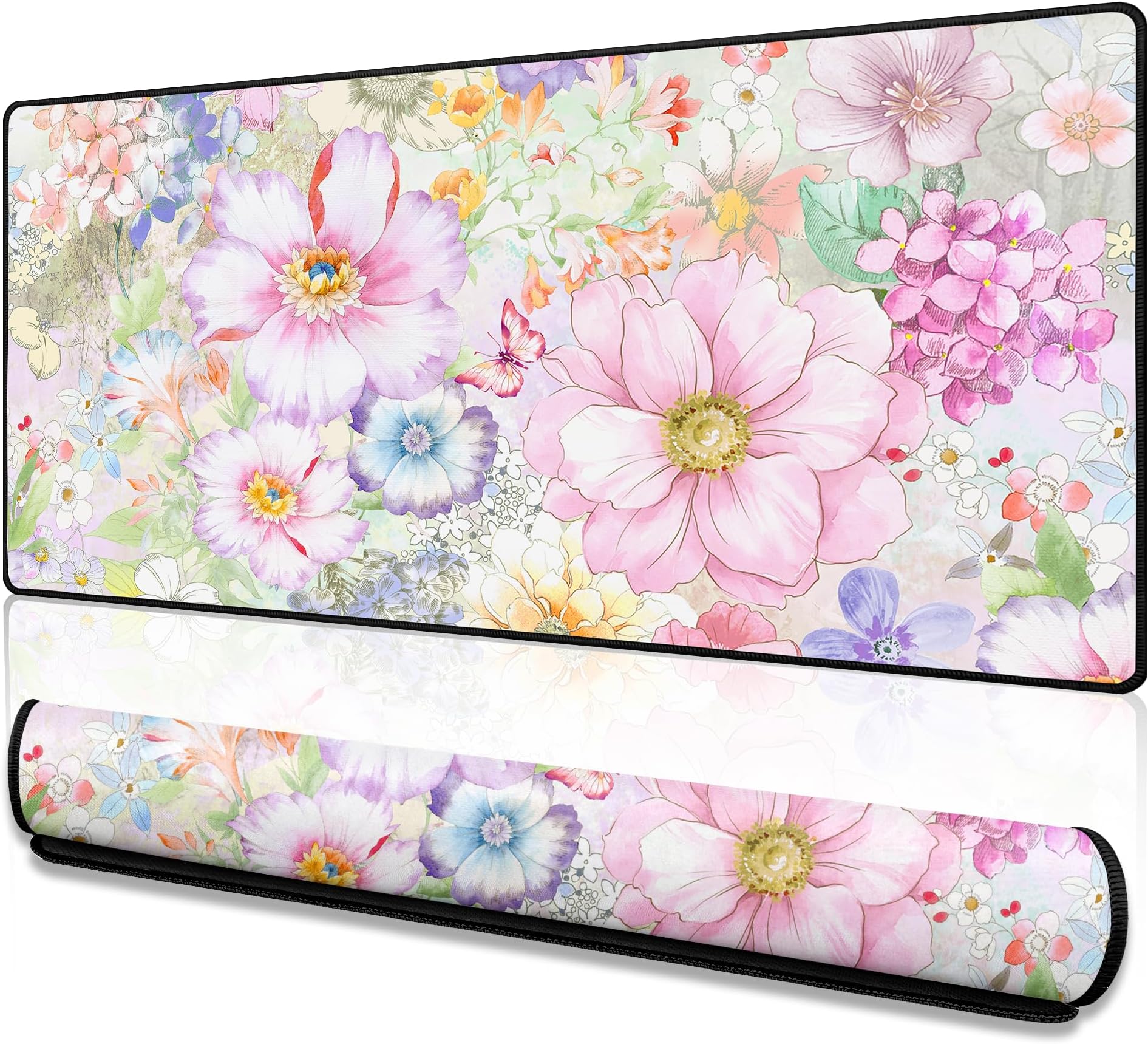 Pink Floral Desk Mat 31.5x15.7 Cute Mouse Pad for Women Extended Large Non-Slip Mousepad with Stitched Edges Desktop Decor Protectors Mats for Women Office Girl Gaming