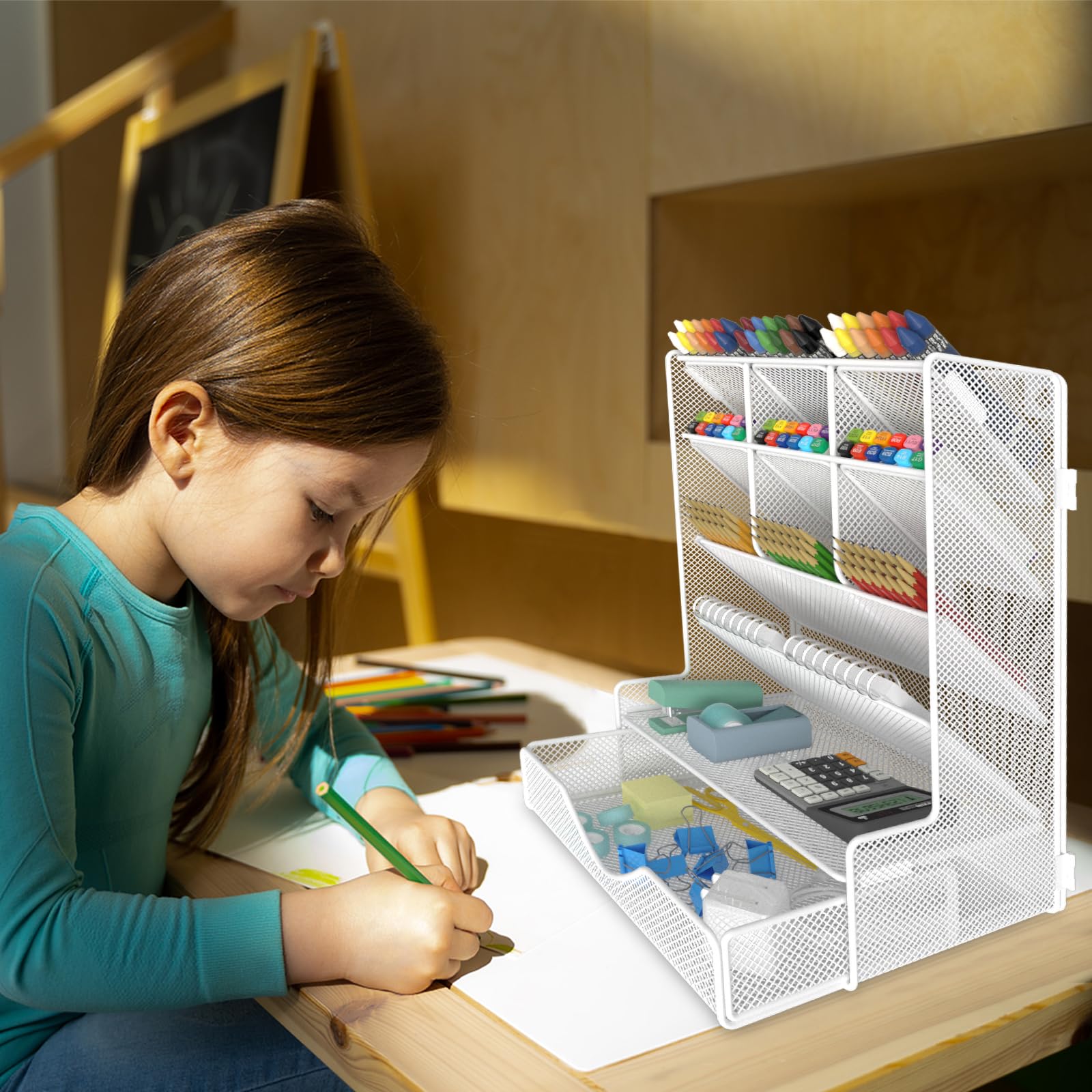 BOHDK Organisateur de stylos pour bureau, organiseur de bureau multifonctionnel, support mural avec tiroir pour l'école, le bureau, la maison, fournitures artistiques, blanc