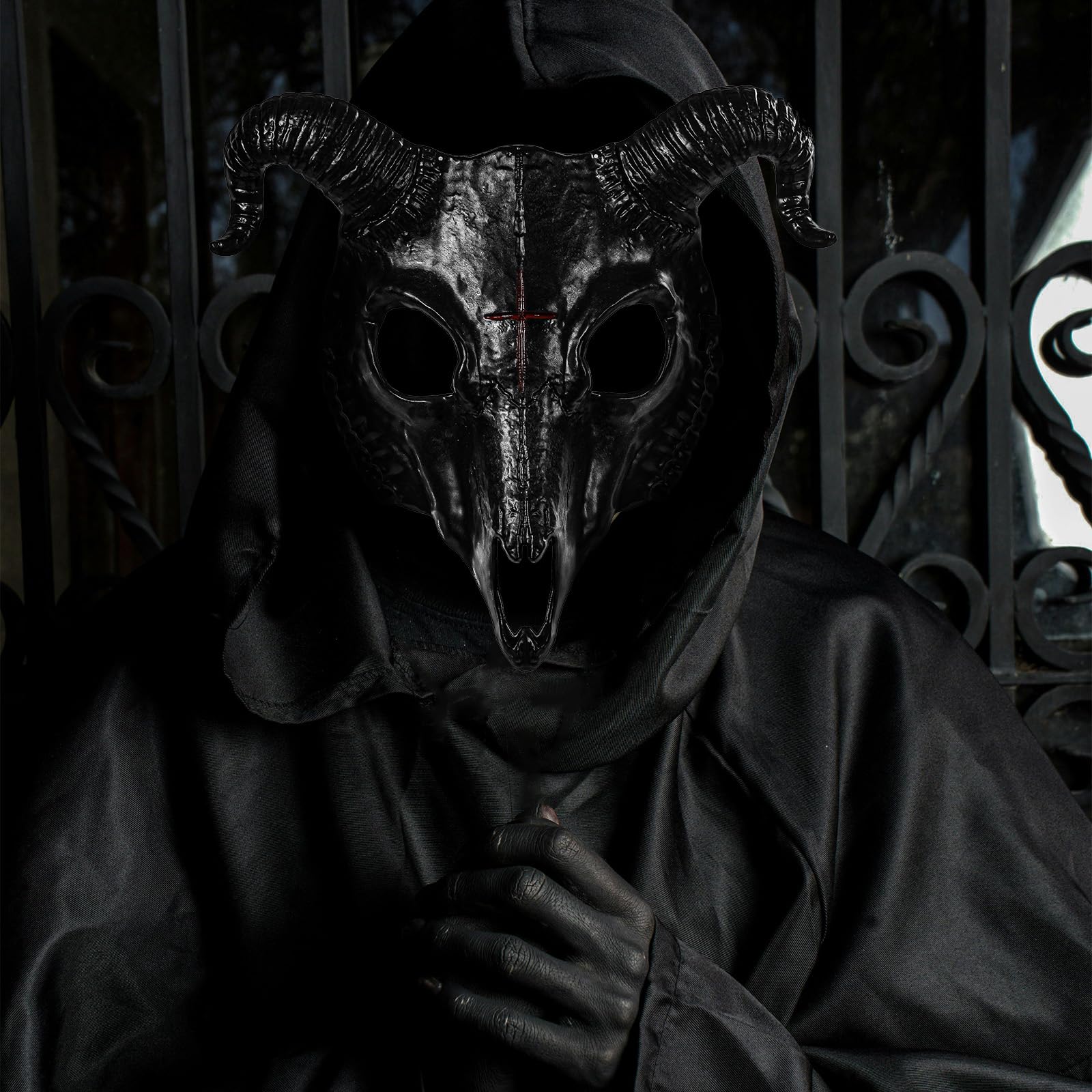 Spaventoso Ariete Horn Mask Horror Scary Realistico Ossa di Capra Mezza Maschere Animali Per Halloween Monster Cosplay Carnevale (Black)
