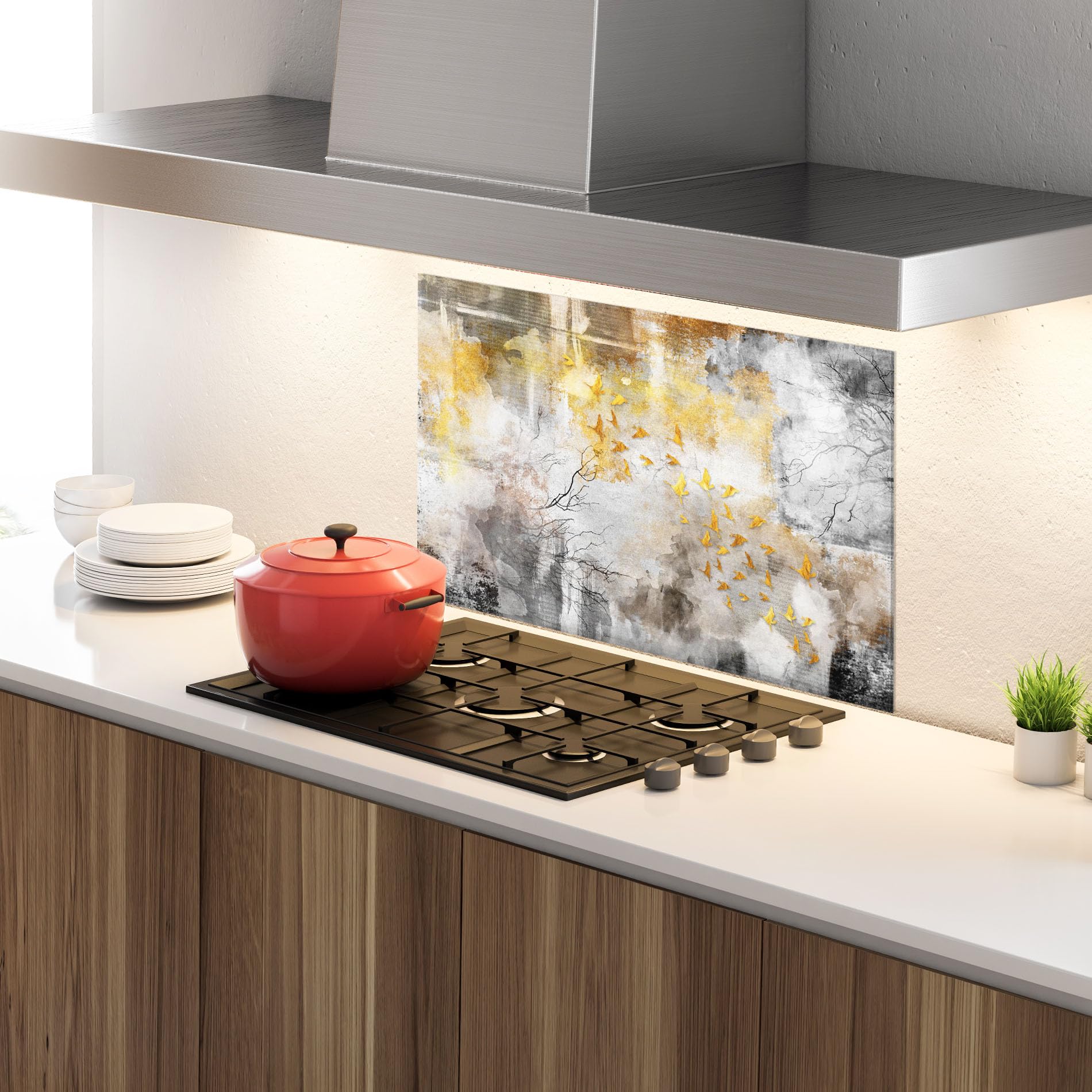 ARTHUB® Crédence de Cuisine en Verre 60x100 cm, Gold Birds Flying | Protection Contre Les éclaboussures, Revêtement Mural en Carreaux, Plaque en Verre, Verre trempé, Abstrait, Art Abstrait