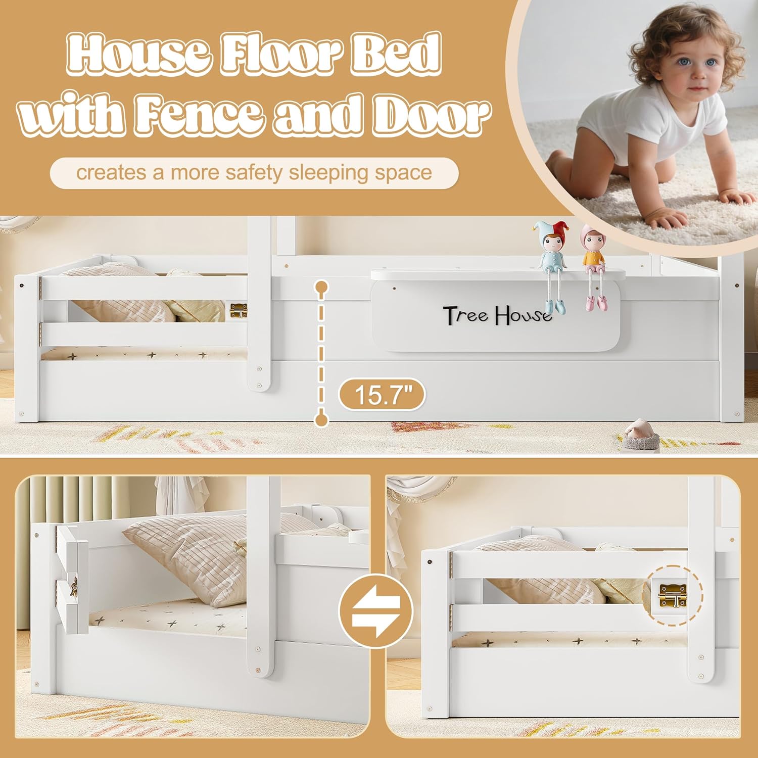 Merax Twin Size House Floor Bed for Kids, Solid Wood Montessori Floor Bed Frame with Safety Fence, Storage Shelf, and Roof, Easy Assembly,White - Image 5