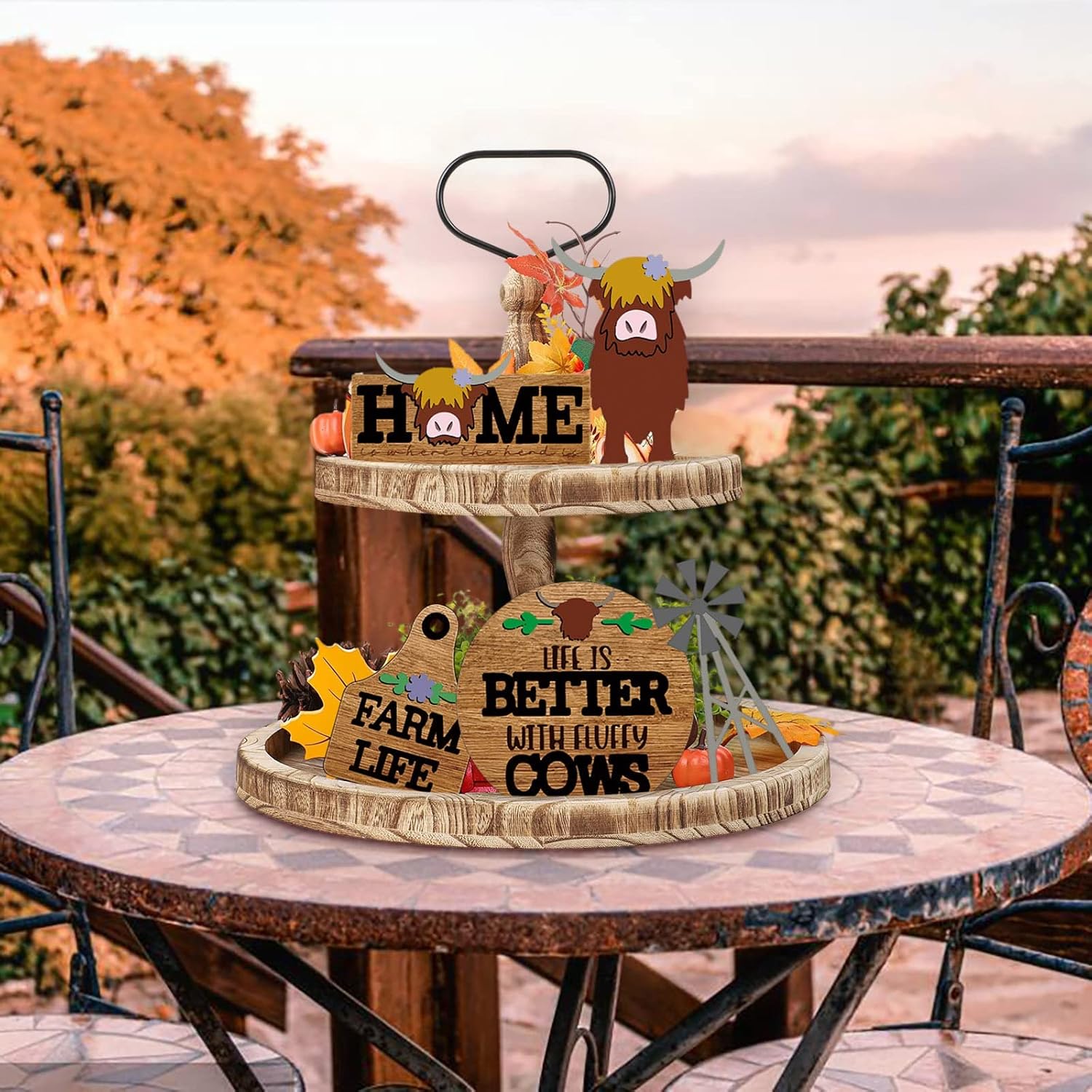 ティアードトレイ装飾セット 階層型トレイ装飾セット木製看板木製素朴な農家の装飾ホームキッチン棚コーヒーバーテーブル デコラティブオー