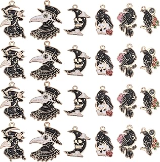 24Pcs 6 Styles Halloween Charms Gothic Theme Alloy Enamel Pendants Kalolary Coffin Crow with Rose Flower Dangle Charms for Halloween Party DIY Jewelry Necklace Bracelet Supplies