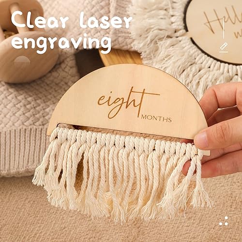 Miniatura 2 de WOODEN TEETHER Tarjetas de borla de hitos mensuales para bebé, 7 unidades, discos de borla de madera para el primer año, accesorios para fotos de