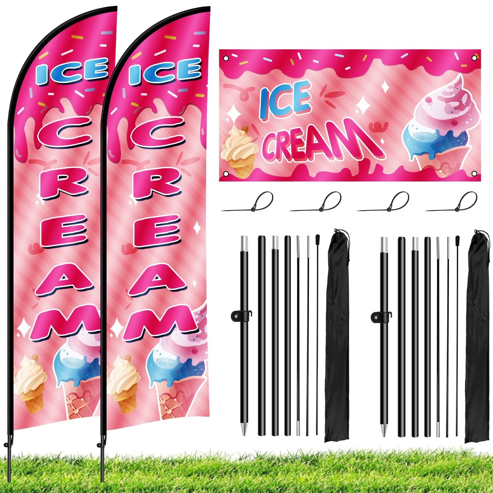 Kerty 2 Sets Ice Cream Advertising Feather Flag with Pole Kit, 8.2FT Windless Swooper Flag Banner Sign for Store Business Outside