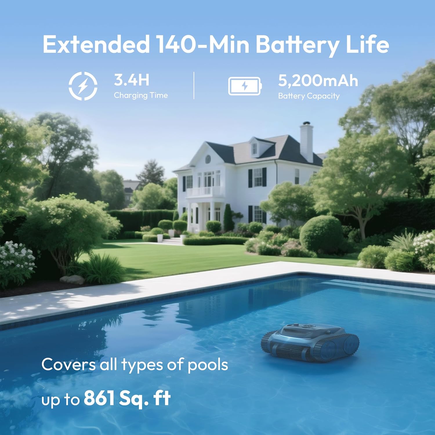Bubot 700 in a pool with text indicating 3.4H charging time and 5,200mAh battery capacity