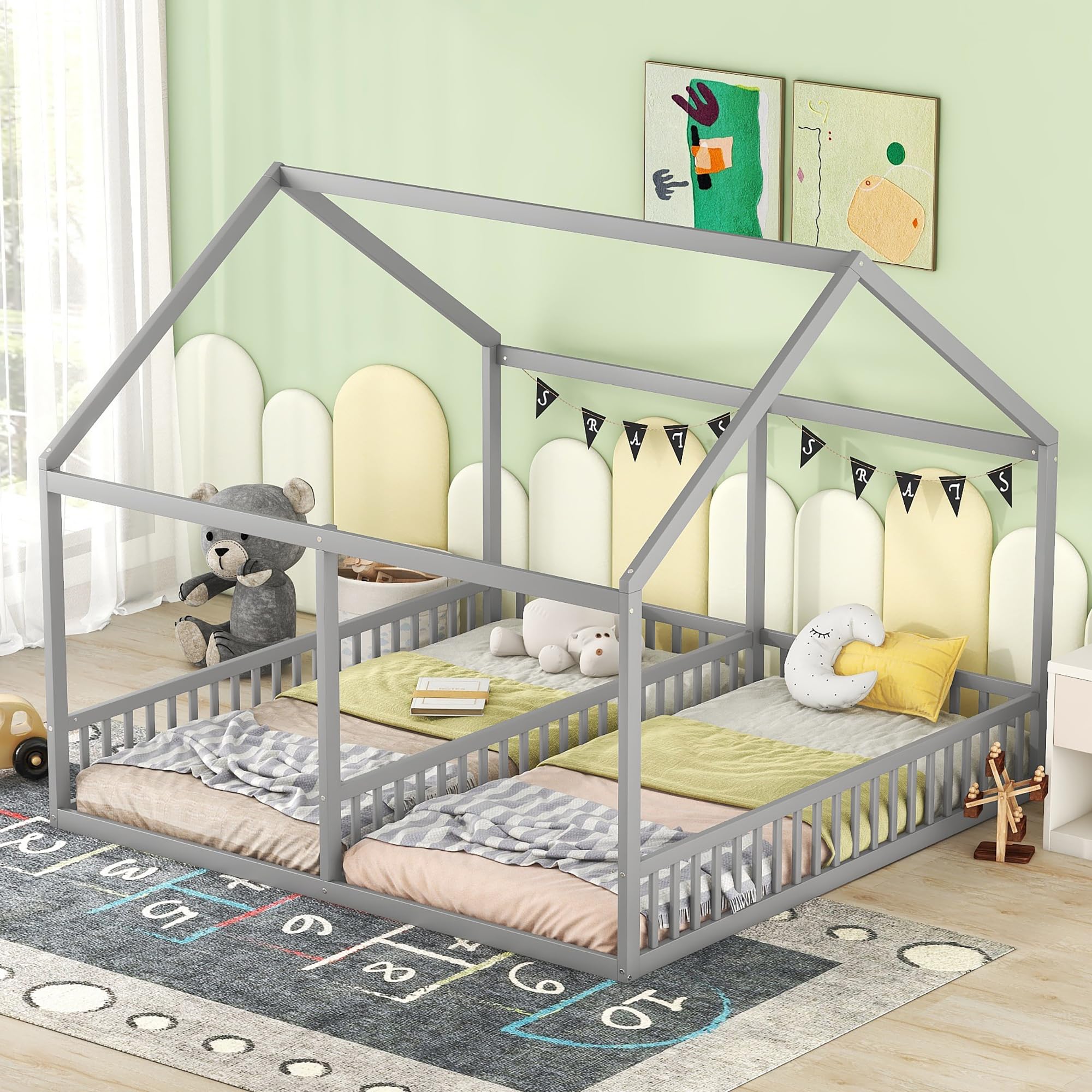 Dolamaní - Letto a soppalco, 180x200 cm, 2 letti per bambini con protezione anti-caduta, letti singoli 90x200 cm 2-in-1, letto per bambini in legno per fratelli e sorelle, letto per bambini a terra