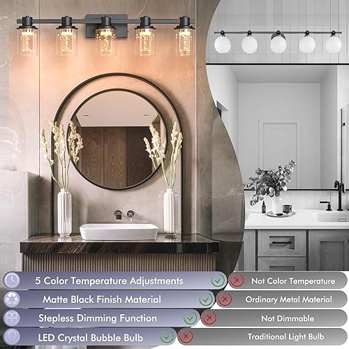 Miniatura 57 de Quntis Lámparas de baño negras de 4 luces con 5 modos de color, lámpara de tocador moderna regulable de 27 pulgadas sobre espejo, lámpara de pared