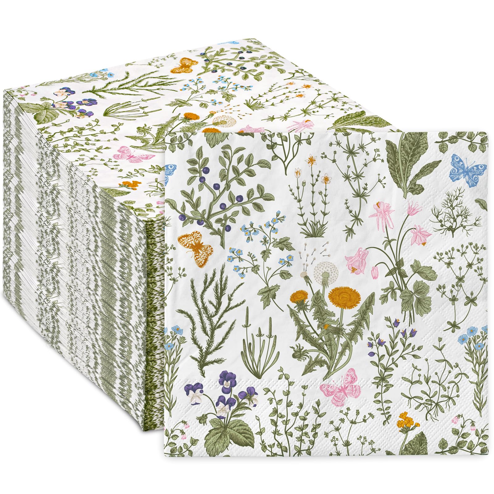 AnyDesign 80 Pack Floral Luncheon Napkins Wildflower Disposable Paper Napkins Flower Butterfly Decorative Dinner Hand Napkin for Home Kitchen Bathroom