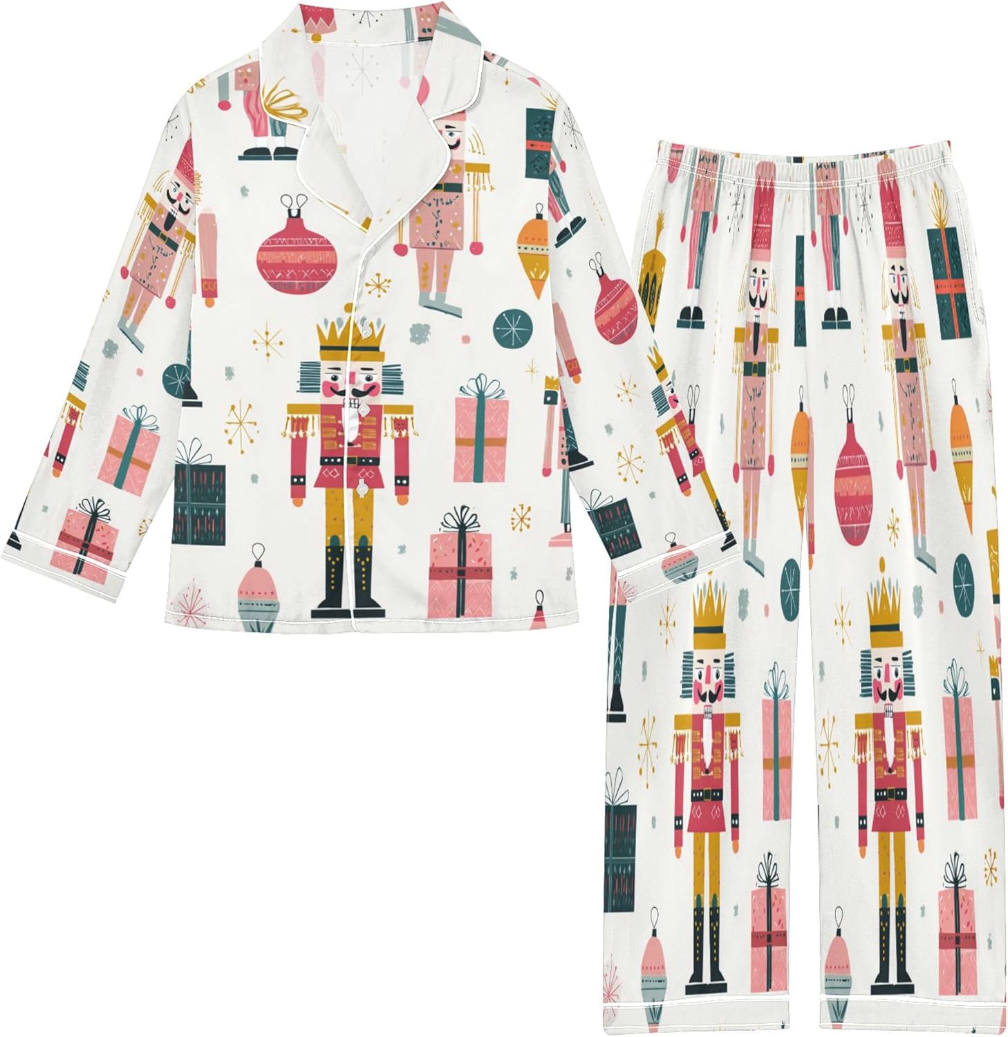 Cute Nutcracker Christmas Satin Pajama Set Long Sleeve Pajamas Silk Sleepwear 2 Piece Pjs, Size 7-8 Years Multicolor
