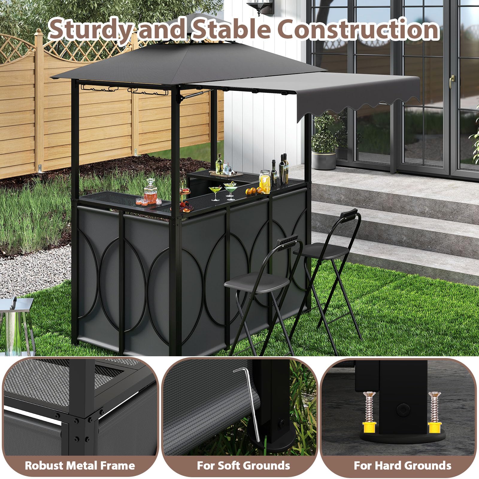 HOMASIS Grillpavillon mit Bartisch und 2 Hockern, strapazierfähiger Outdoor-Pavillon mit Doppeldach, regen- und feuerfeste Pergola (Grau, mit Seitenzelt, 193 x 117 x 240 cm)