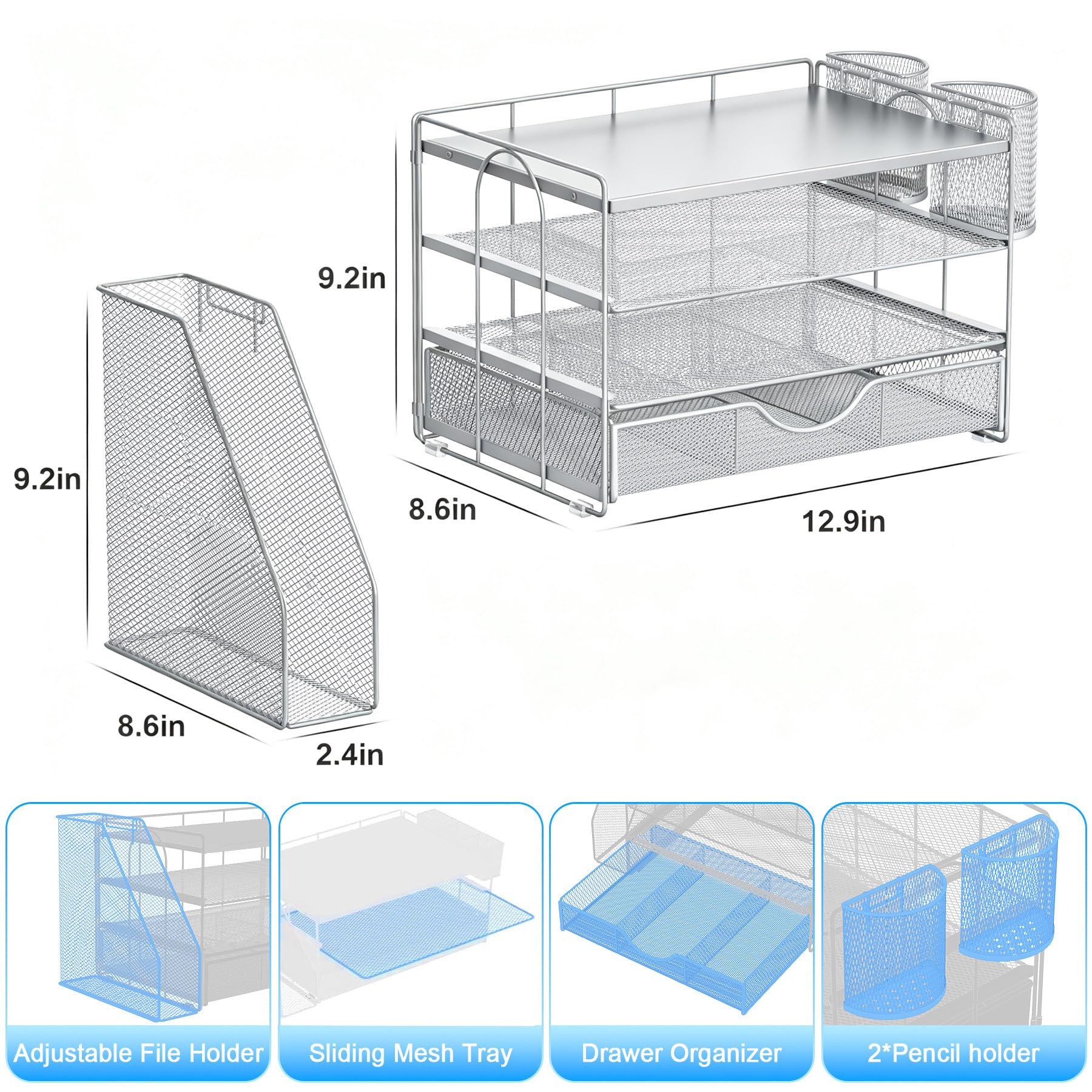 gianotter Desk Organizers and Accessories with File Holder, 4-Tier Desk Accessories & Workspace Organizers with Drawer and 2 Pen Holder, Desk Reference Organizer (Grey, 4T with Metal Drawer) view 5