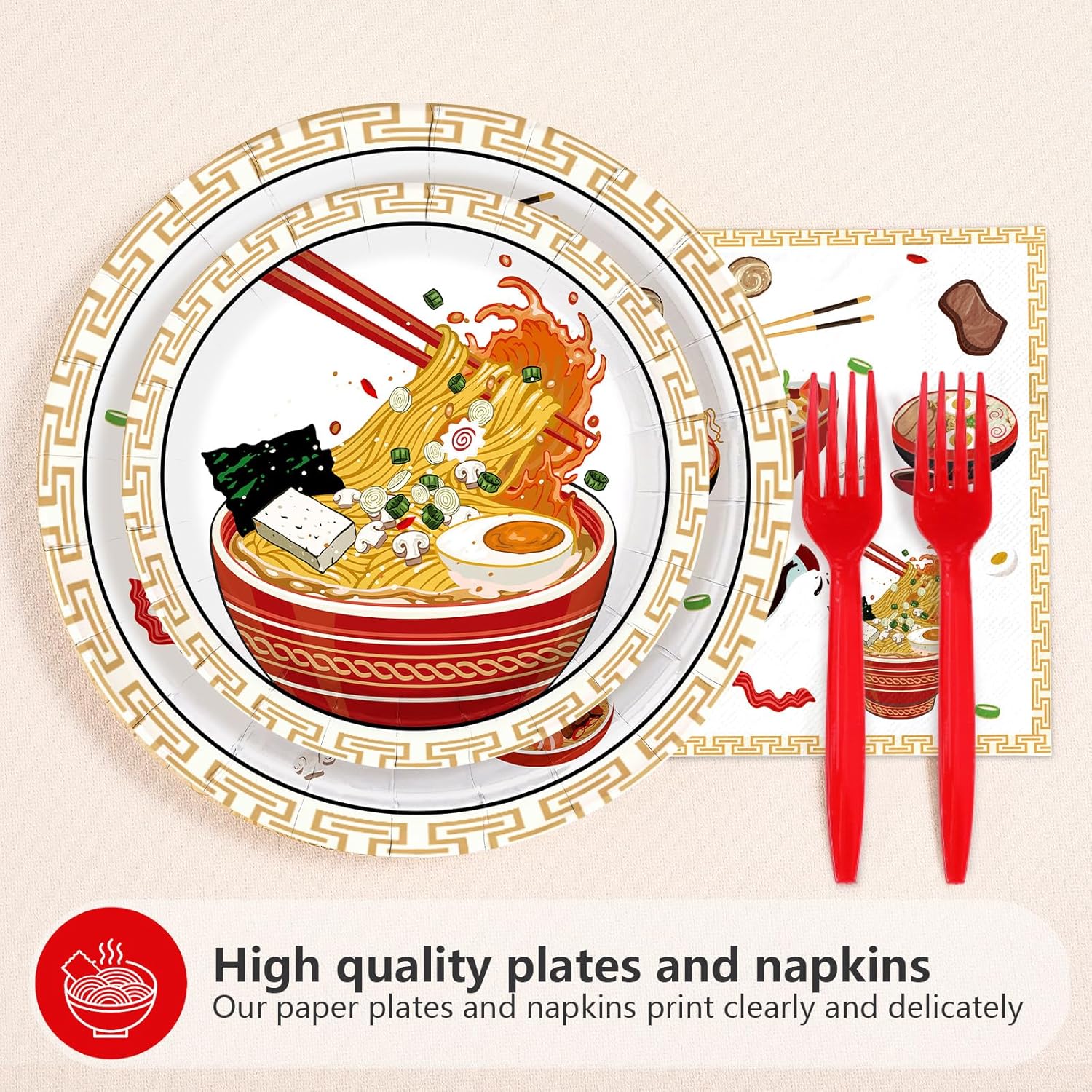 96Pcs Ramen Noodles Birthday Decorations Ramen Party Plates and Napkins Japanese Food Noodle Theme Tableware Set for Boys Girls Men Women Happy Birthday Party Supplies Serves 24