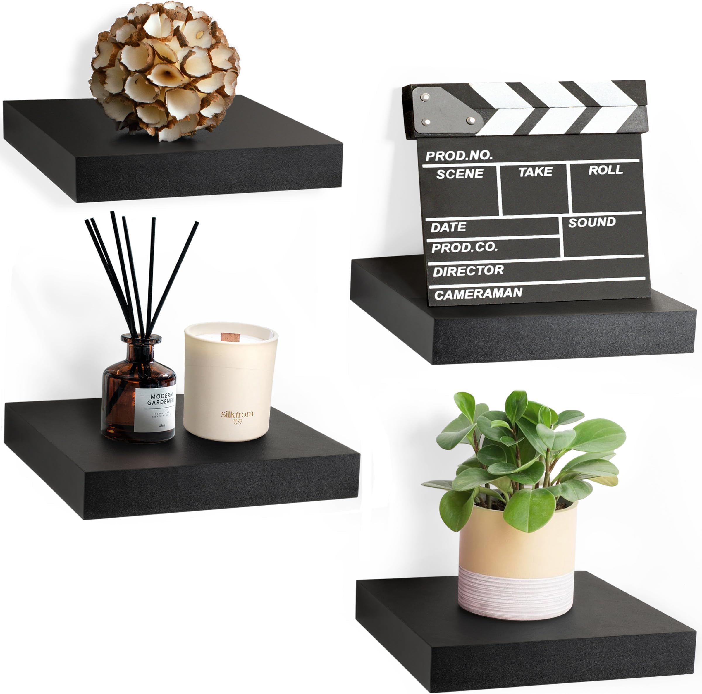 Sorbus 9X9 Inch Floating Shelves for Wall โ Square Floating Shelf with Invisible Mounting Bracket for Kitchen, Bedroom, Living Room & Bathroom Decor โ Rustic Showcase Wall Shelf (Black, 4 Pack)