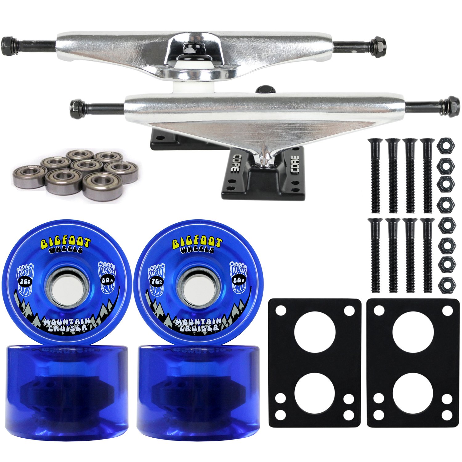 Longboard Skateboard Trucks Combo Set 76mm Bigfoot Cruisers Wheels with Silver Trucks, Bearings, and Hardware Package