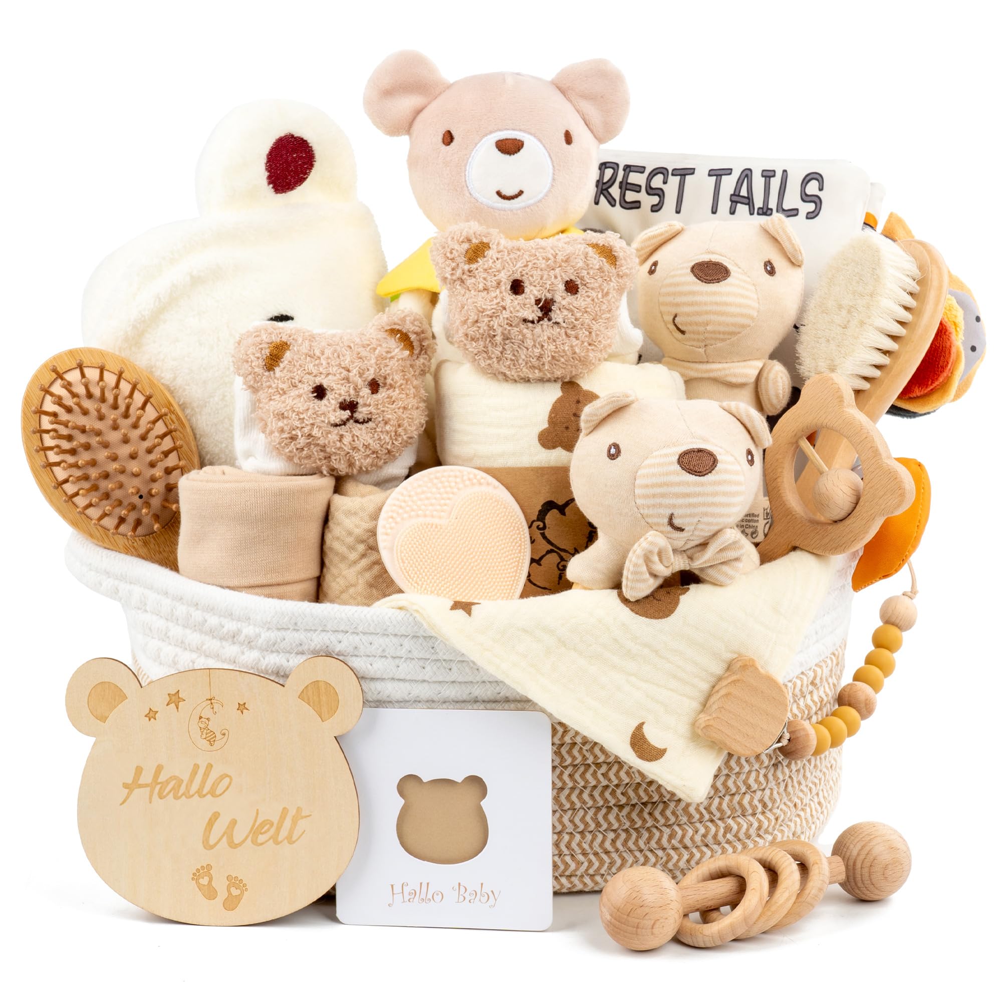 Baby Geschenk Junge, Neugeborenen Set mit Decke, Holzrassel, Haarbürste | Geburtsgeschenk: Neugeborenen Set mit Decke, Handschuhen, Holzrassel, Haarbürste und Polsterbürste.
