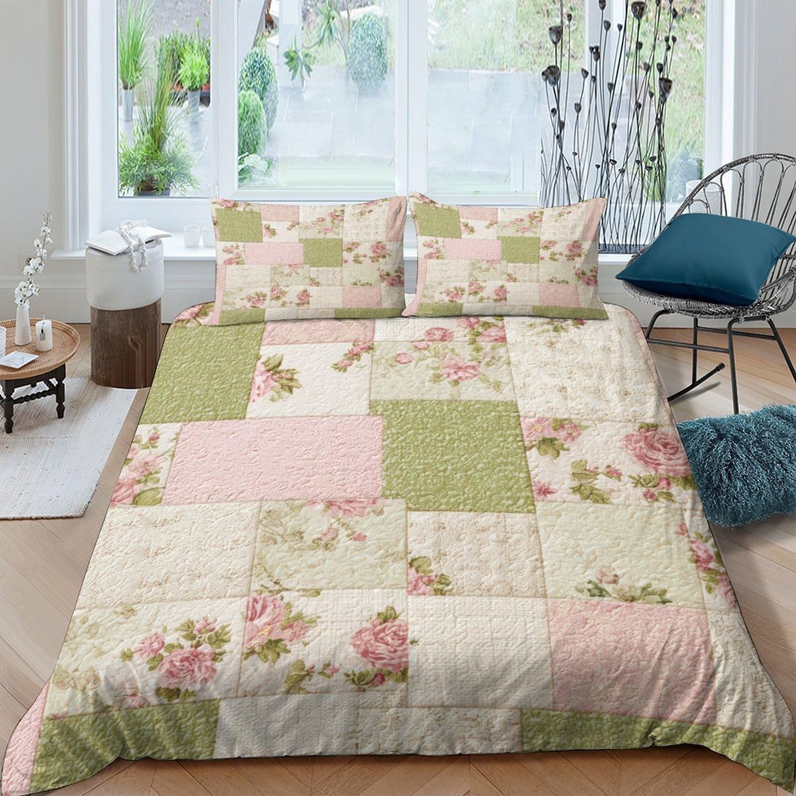 Ctjqhvkz Style-1 3D Printed Vintage Floral Patchwork Fitted Sheet Microfiber Soft Breathable Pastel Rose Bed Cover For Bedroom Guest Room Single（135X200cm）