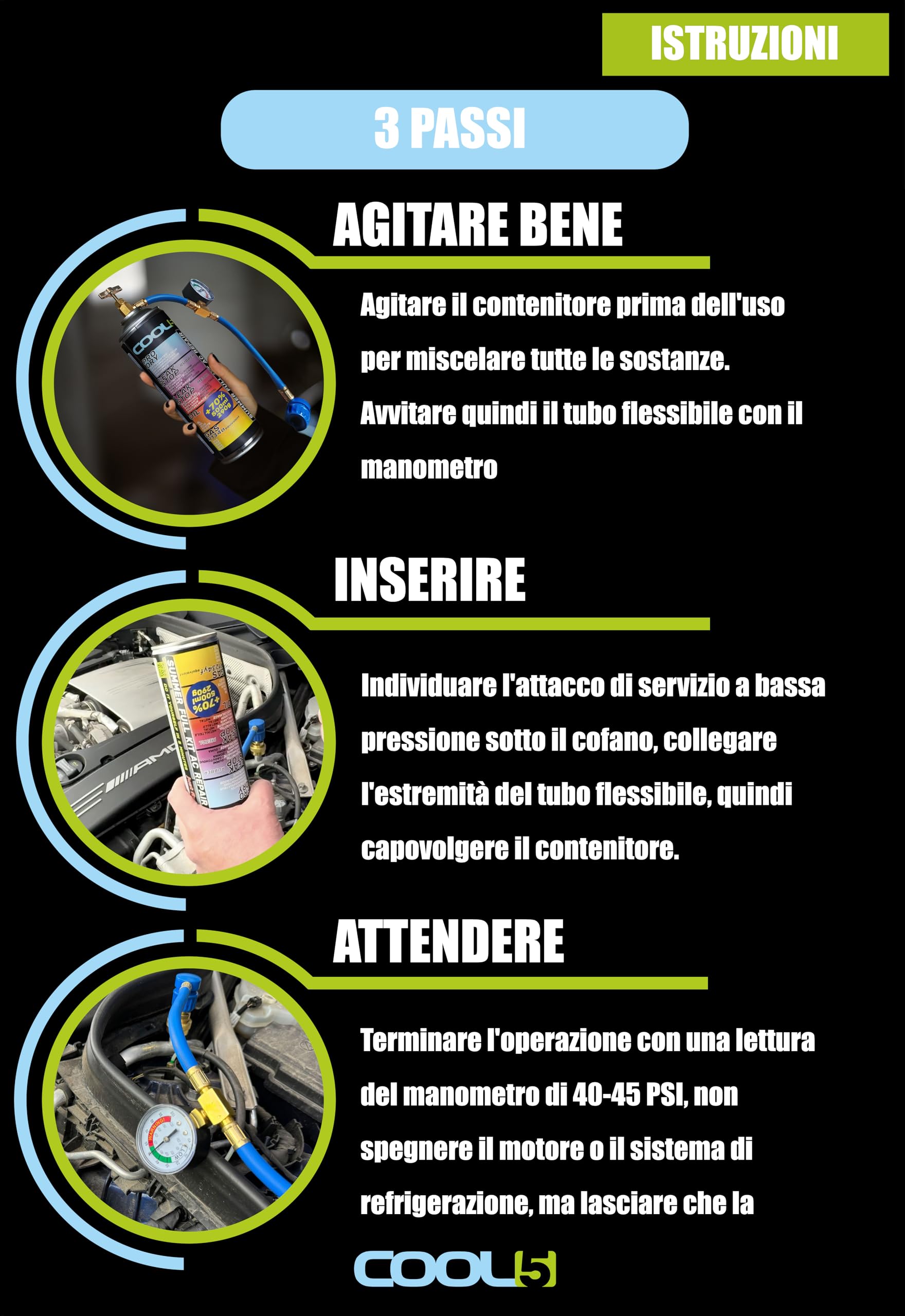 LIGHT 5in1 - Sostituzione del refrigerante R134a per il riempimento dell'impianto di climatizzazione per auto 1995-2016, 235 grammi + tubo di pressione con manometro