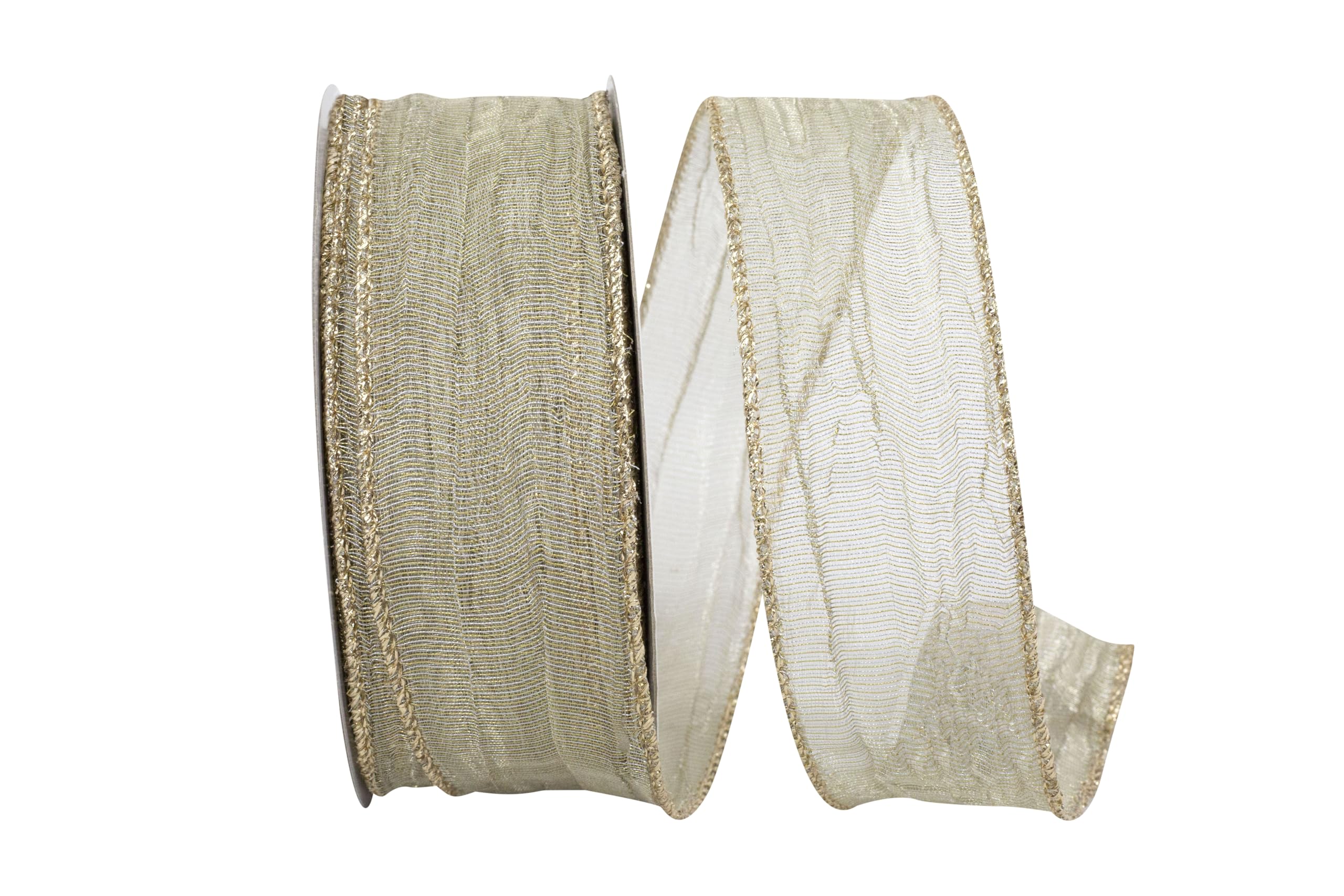 Ruban en maille écrasée champagne Reliant Ribbon avec bords métalliques pour création