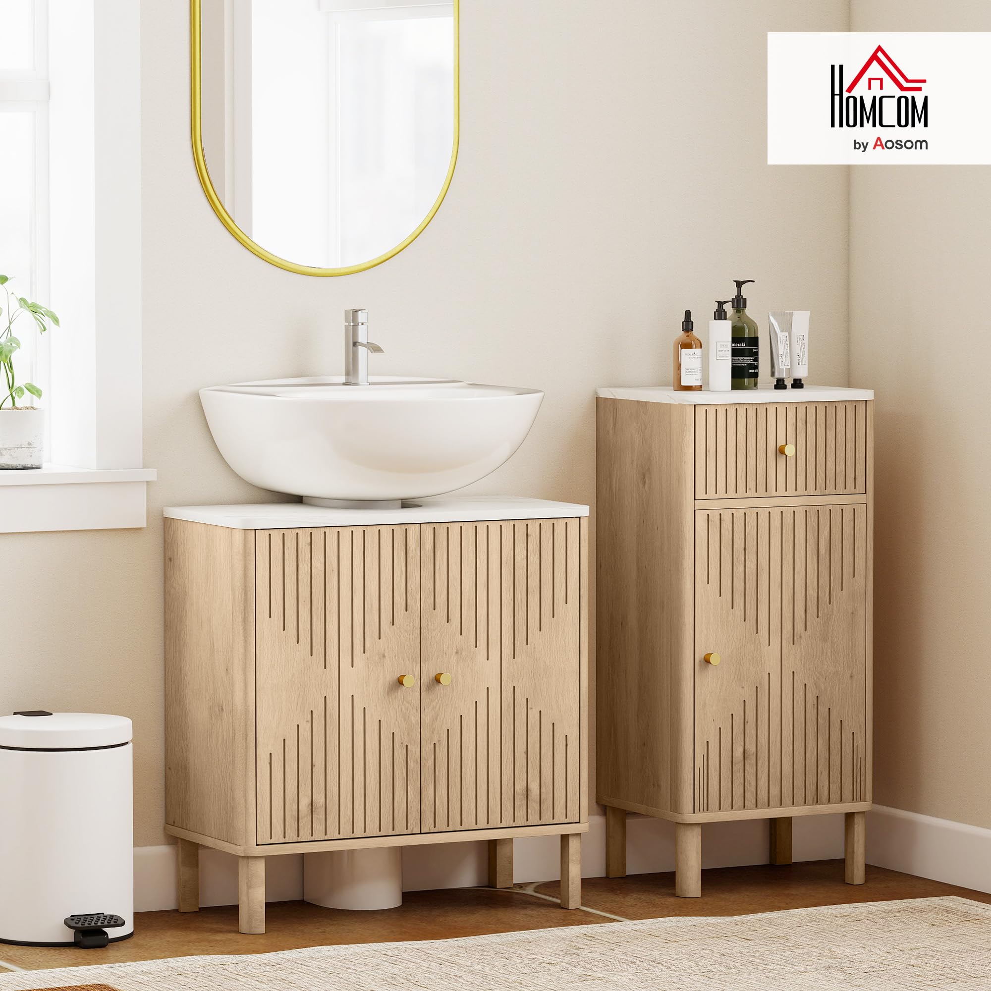 HOMCOM Mobile Sottolavabo con 2 Ante Decorate, Mobiletto Bagno con Ripiano Effetto Marmo e Mensola Regolabile Sotto Lavabo, adatto per Lavabi Con o Senza Piedistallo, Rovere