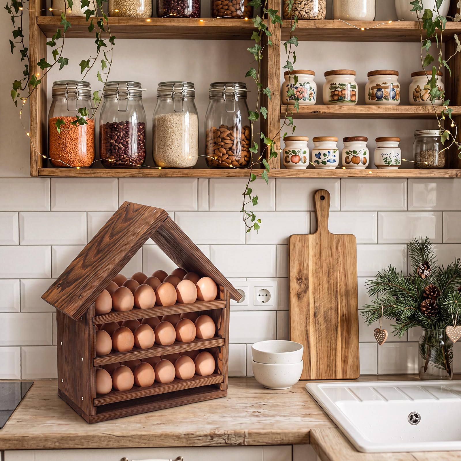 Remerry Soporte para huevos de madera para encimera, 3 niveles, forma de casa, almacenamiento de huevos frescos, cesta extraíble para el hogar, sala de manualidades, granja, cocina, mostrador