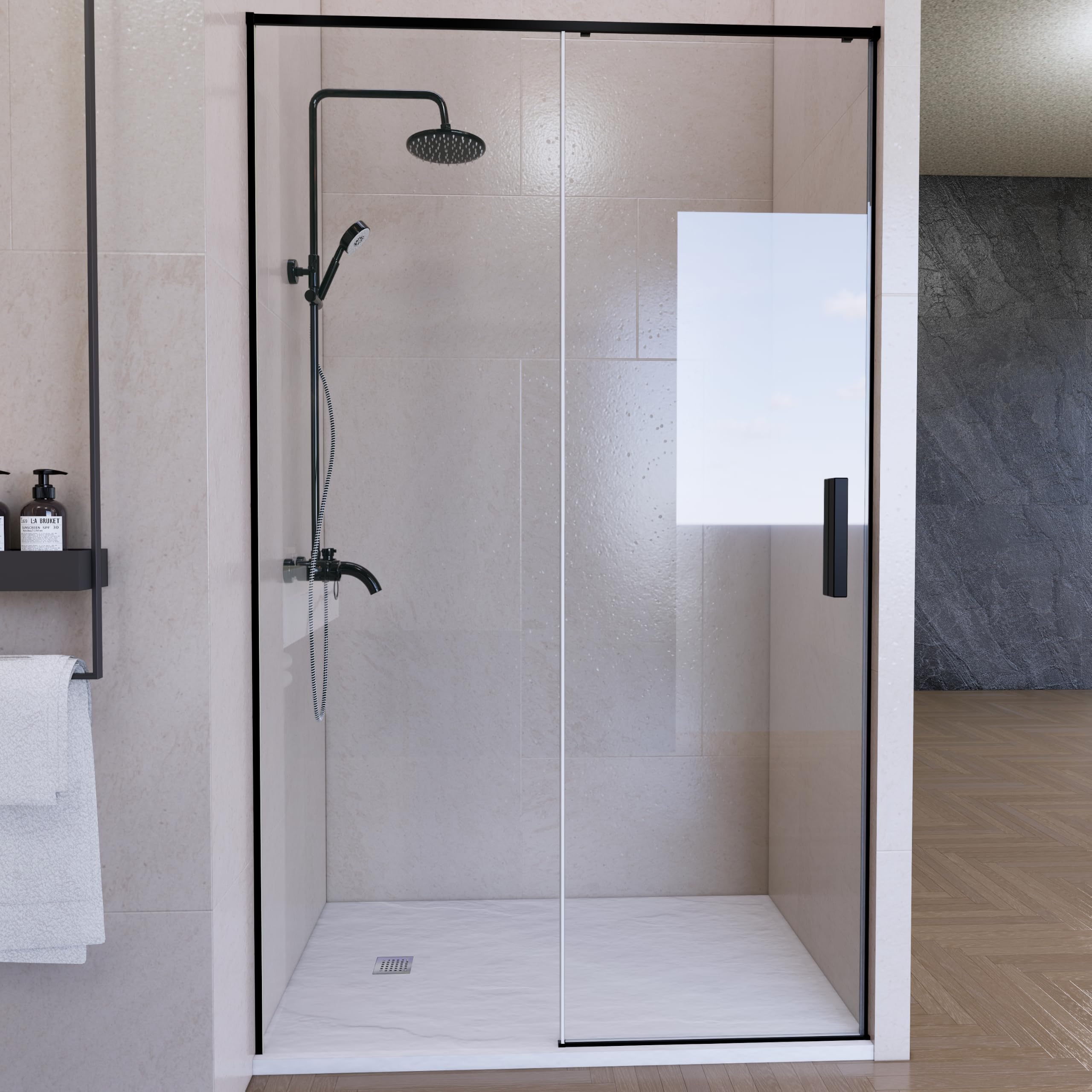 Mampara Ducha Frontal Corredera Lux Fijo+Puerta-Ancho 155cm-Acabado Negro Mate-200cm Alto-Cristal templado 6mm antical-Cierre Reversible con Freno