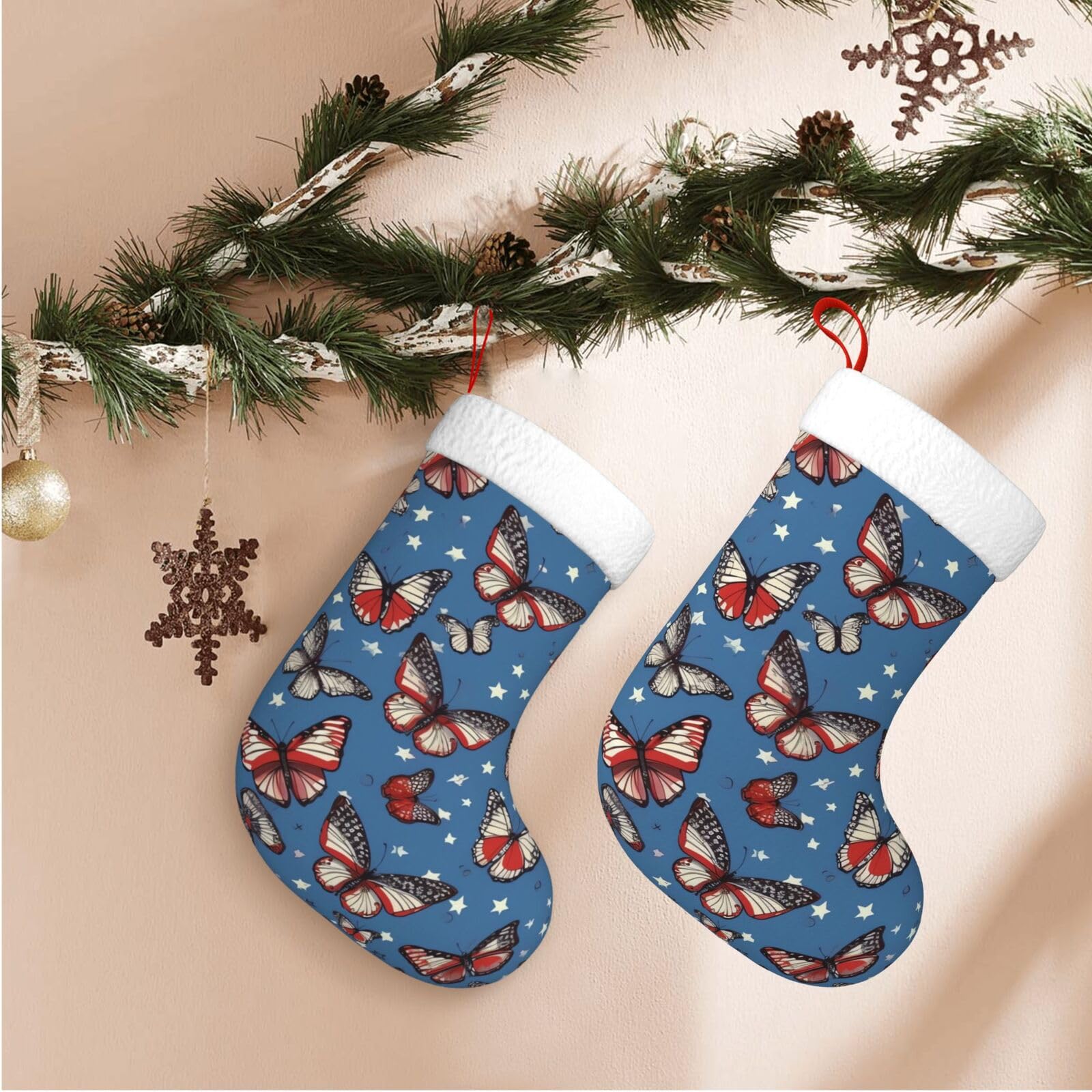 17.7" Christmas Stocking 1 Piece, Patriotic Butterfly Xmas Stockings with White Plush Cuff Fireplace Hanging Stocking for Christmas Holiday Party Decoration