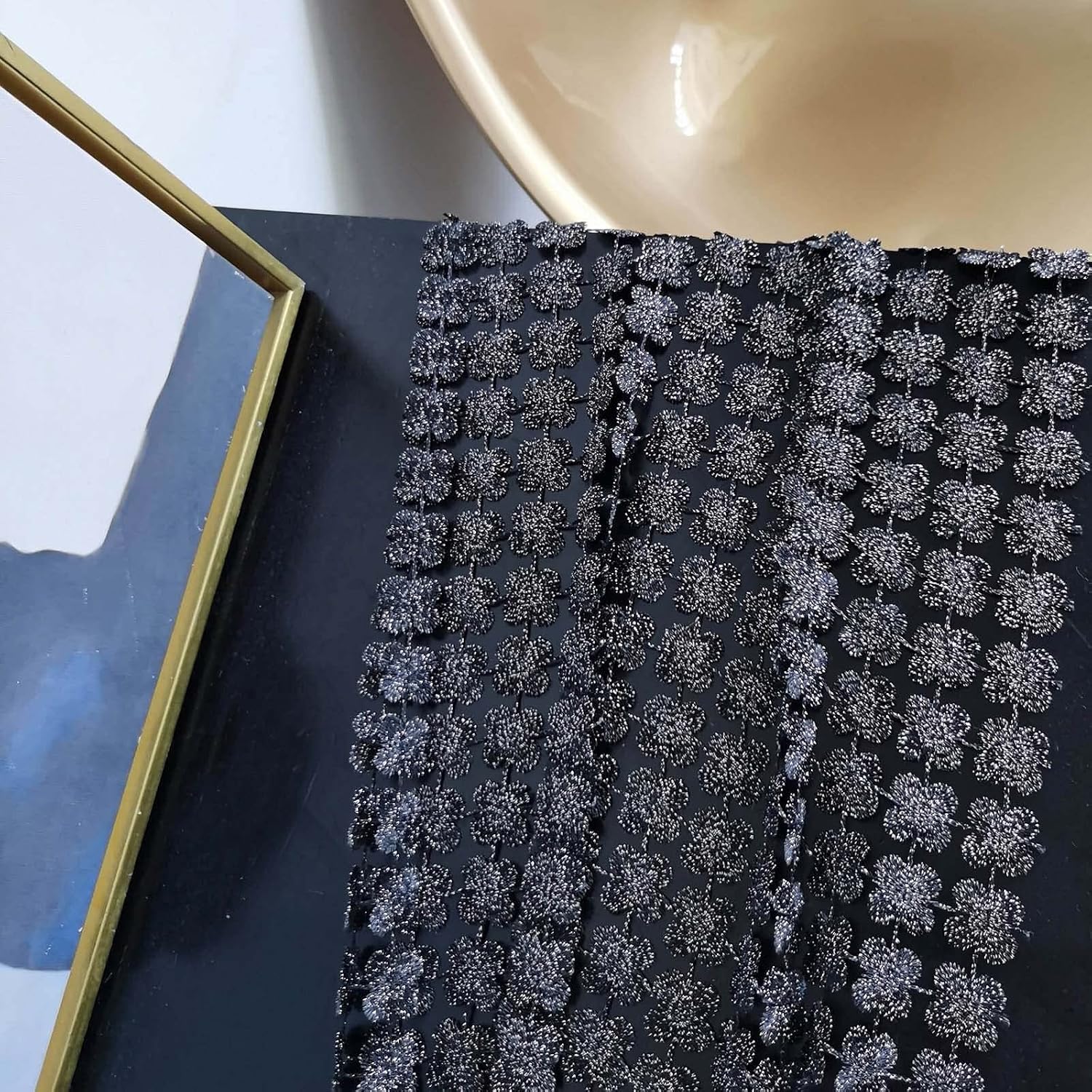 Valea Home Table Runners 12 x 108 Inch Sparkle Clover Table Runner for Dining Room Dresser Halloween Unique Party Decorations, Black